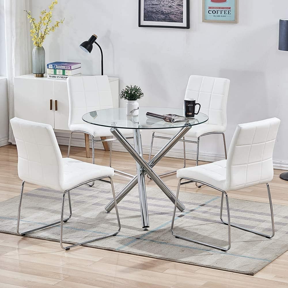 Mesa de comedor de cristal, mesa de comedor redonda de vidrio con tapa de vidrio templado transparente, mesa de comedor moderna, mesa de café de té