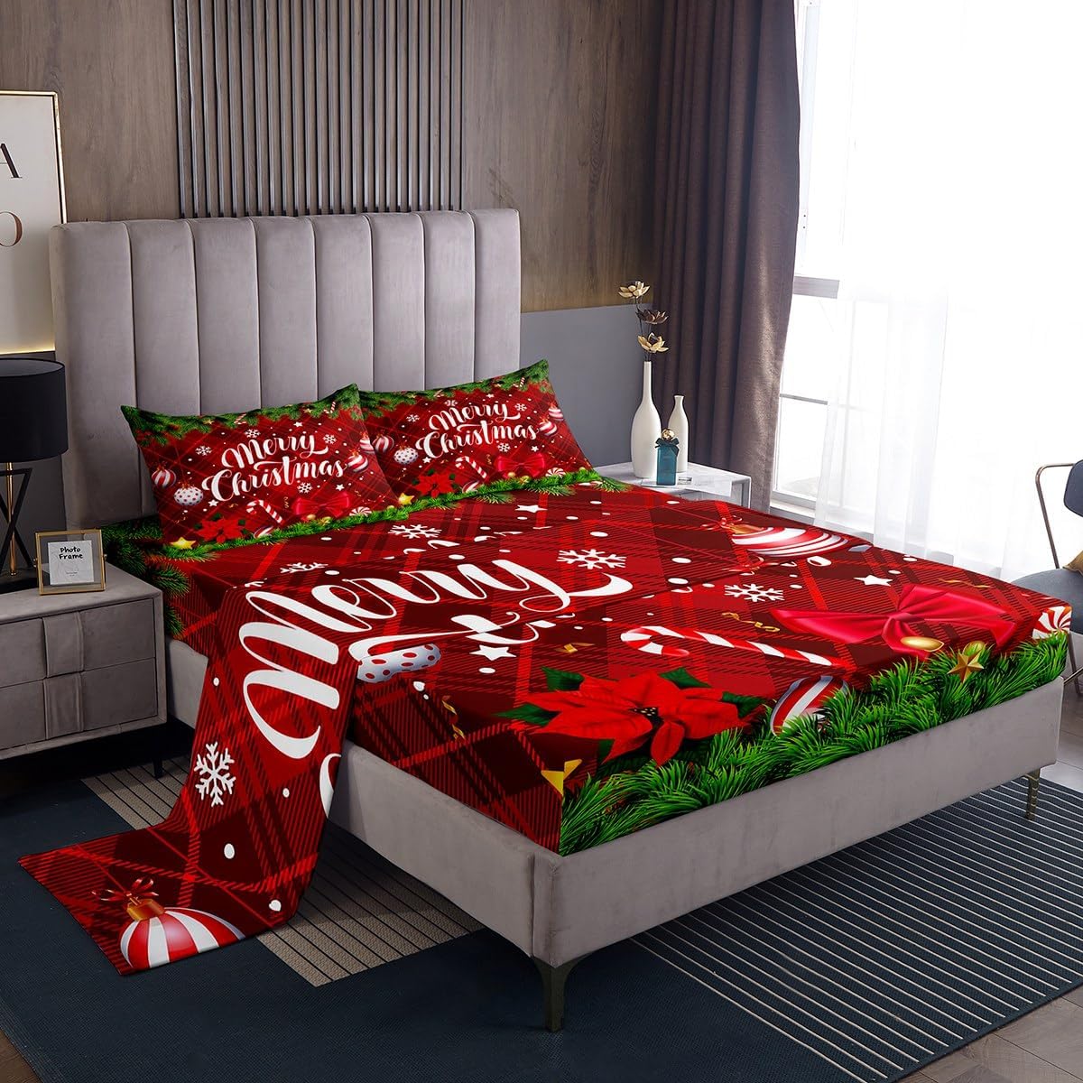 Erosebridal Juego de sábanas de 4 piezas con temática navideña de Feliz Navidad, sábana bajera ajustable de Navidad con estampado de rayas
