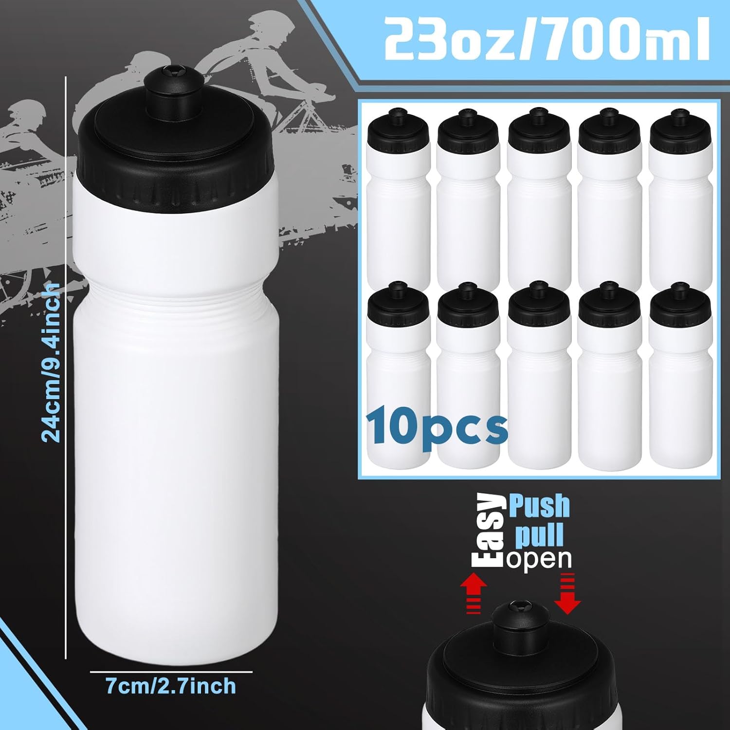 Sunnyray 10 botellas de agua deportivas reutilizables de 23 onzas, botellas de agua de plástico en blanco con tapa superior para niños y adultos,