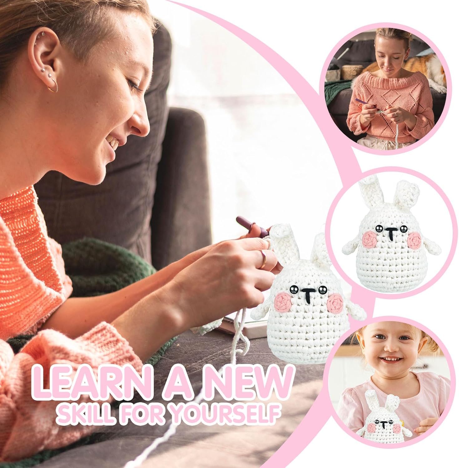 Dowsabel Kit de ganchillo para principiantes, kit de animales de ganchillo de regalo de Pascua con tutoriales en video paso a paso, kit de inicio de