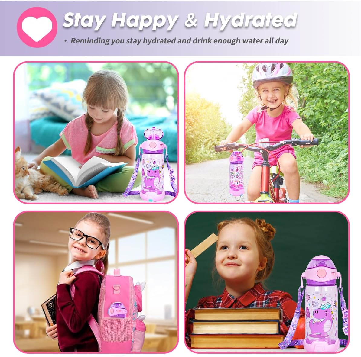Botella de agua para niños con popote, para la escuela, niños y niñas, botella de agua potable de 22 onzas sin BPA, apertura de un solo clic, tapa