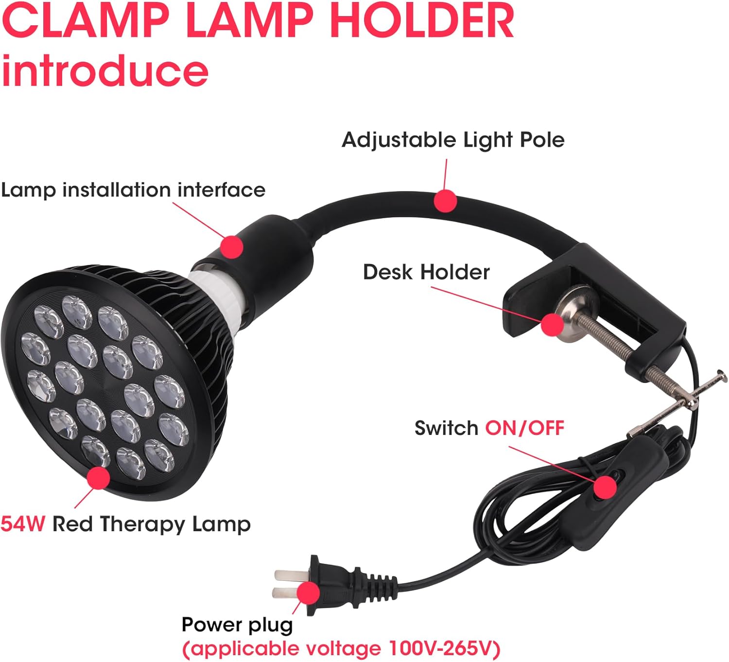DMMBMFC Lámpara de terapia de luz roja-54W 18 LED dispositivo de terapia de luz infrarroja con soporte de lámpara ajustable, 660 nm rojo y 850 nm