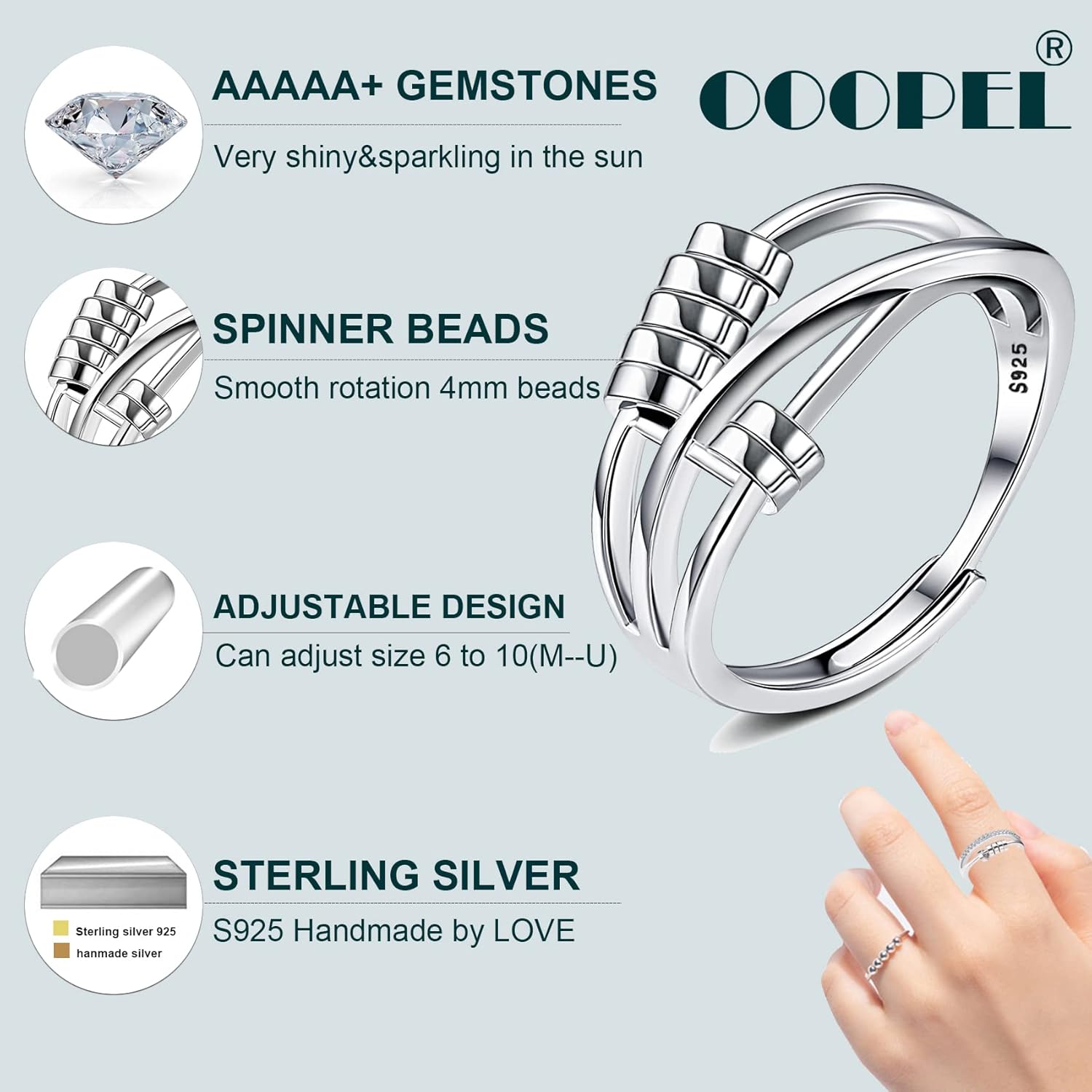 Anillo de ansiedad de plata de ley para hija con tarjeta inspiradora, anillos ajustables S925 para ansiedad para mujeres, anillo giratorio de