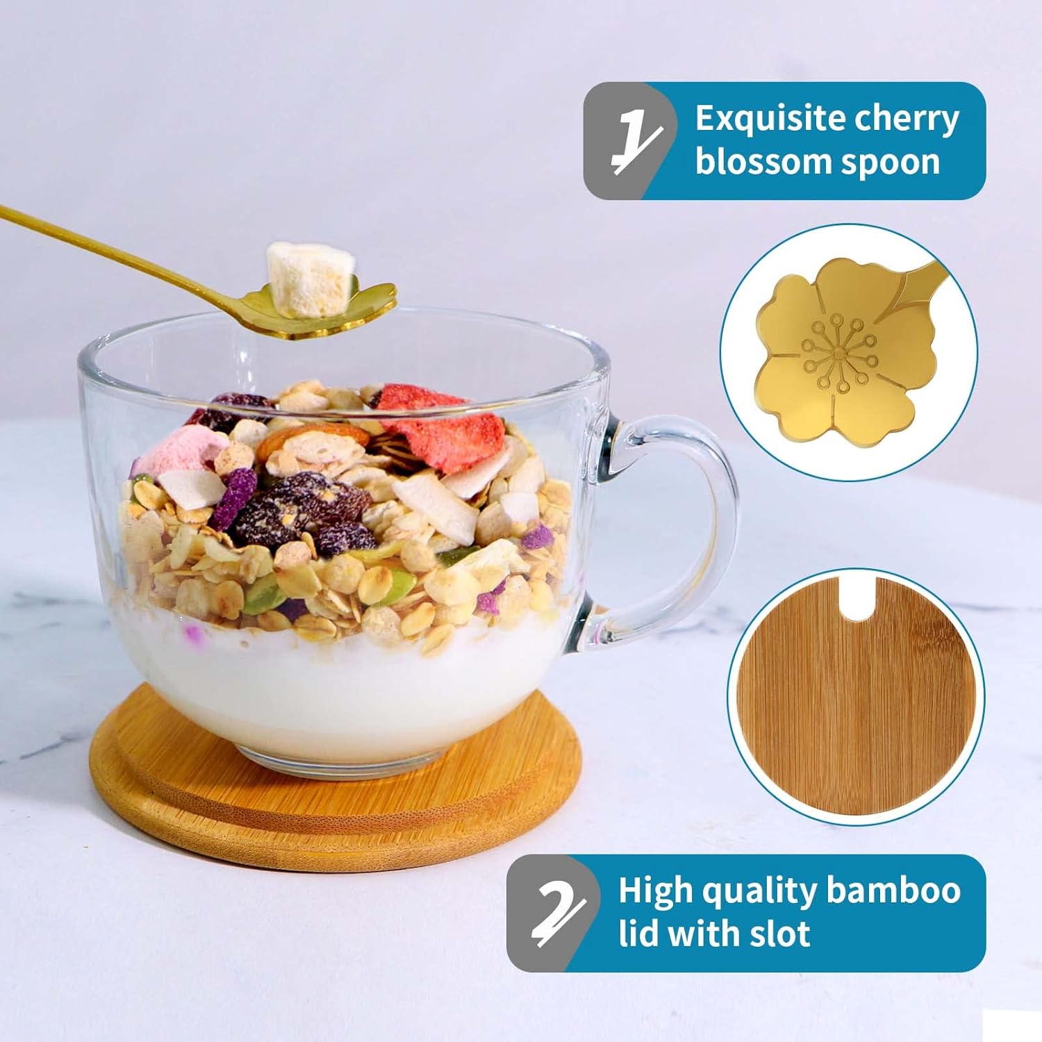 Tazas de café de 16 onzas con asa, tazas de vidrio con tapas de bambú y cucharas de flor de cerezo, vasos transparentes para té, cereales, yogur,