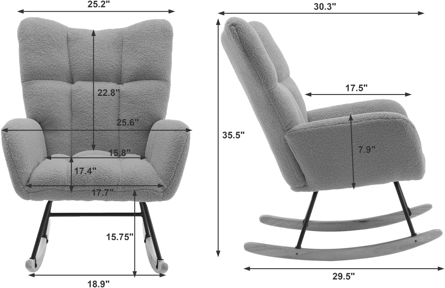 Mecedora moderna para guardería, silla mecedora tapizada de tela de peluche con base de madera maciza, cómodo sillón con respaldo de ala para