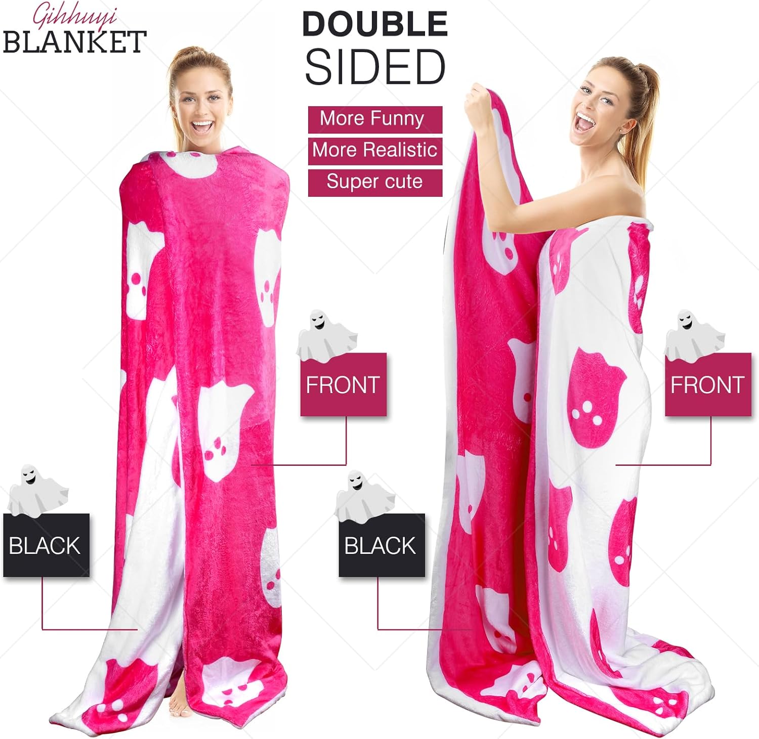 Manta de franela con fantasma rosa viral de Halloween 2023, reversible, súper suave para todas las estaciones, manta de felpa kawaii linda manta