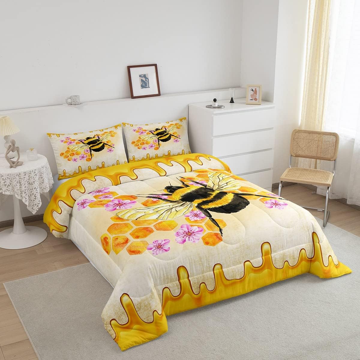 Lindo edredón de abeja con flores, juego de edredón de abeja de nido de abeja, juego de ropa de cama para niños y niñas, diseño geométrico de panal