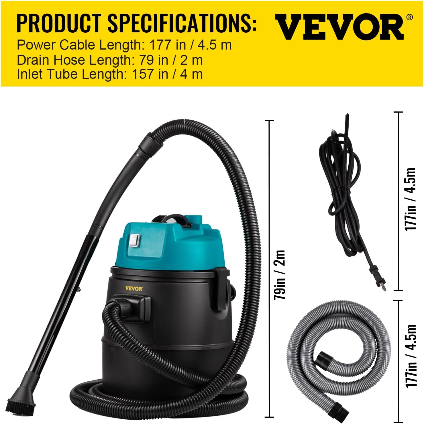VEVOR Aspiradora de estanque, motor de 1400 W en sistema de succión de una sola cámara, motor de 120 V con cable eléctrico de 15 pies, 4 cabezales