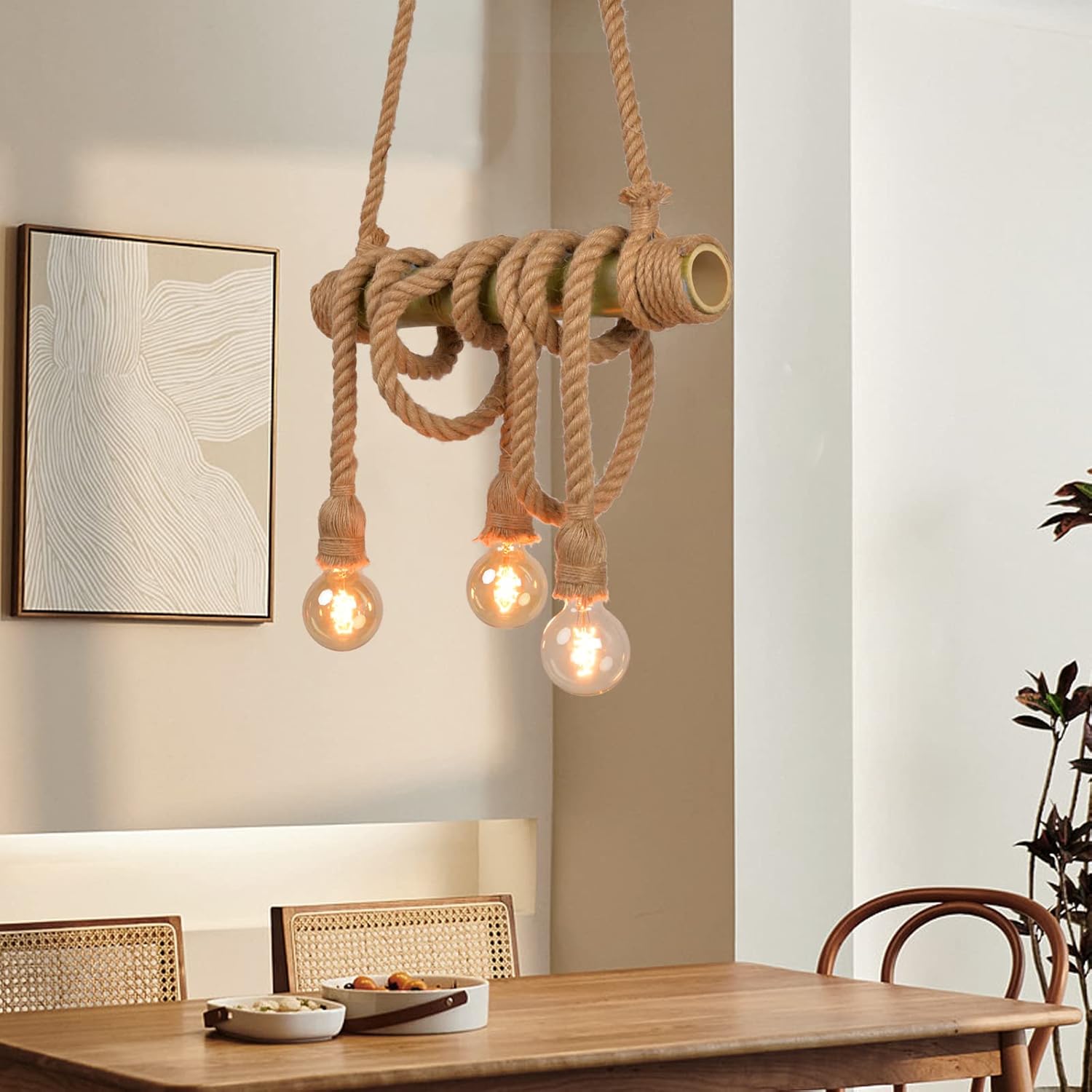 Arturesthome 3 luces vintage de bambú candelabros de cuerda de cáñamo, lámpara colgante industrial rústica única para dormitorio, restaurante,