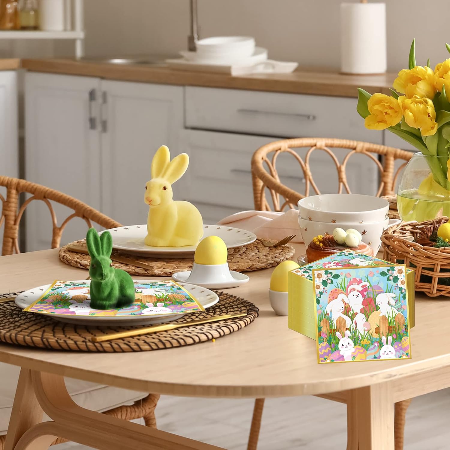 100 servilletas de Pascua para invitados de Pascua, servilletas de huevos de conejito de Pascua, toallas de mano de papel desechables suaves de