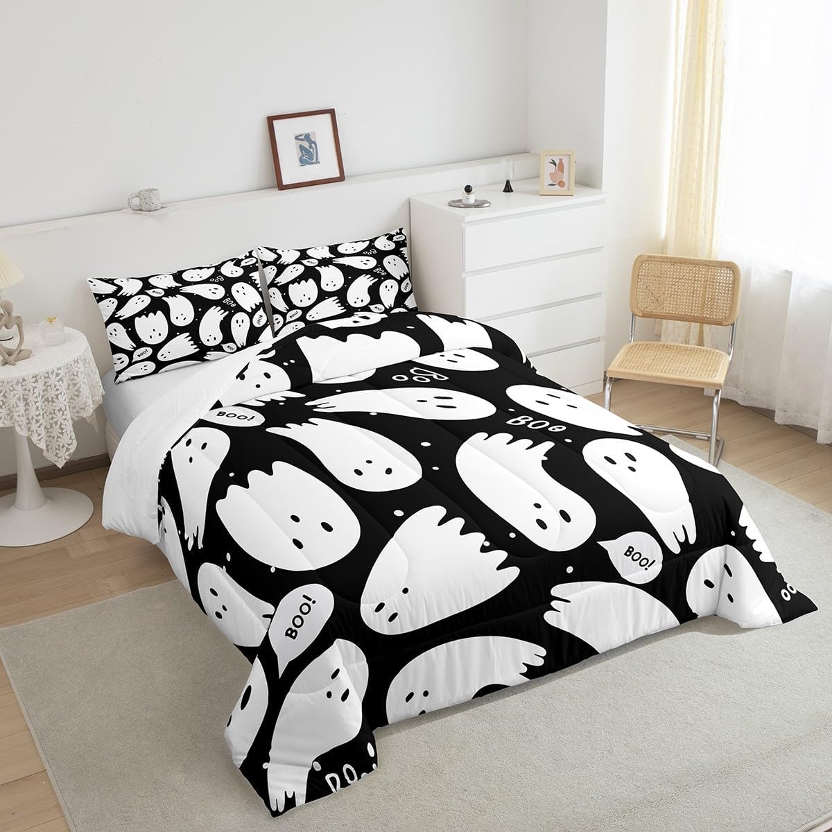 Juego de ropa de cama de Halloween, tamaño matrimonial, juego de edredón de fantasmas de dibujos animados para niños y niñas, lindo edredón kawaii