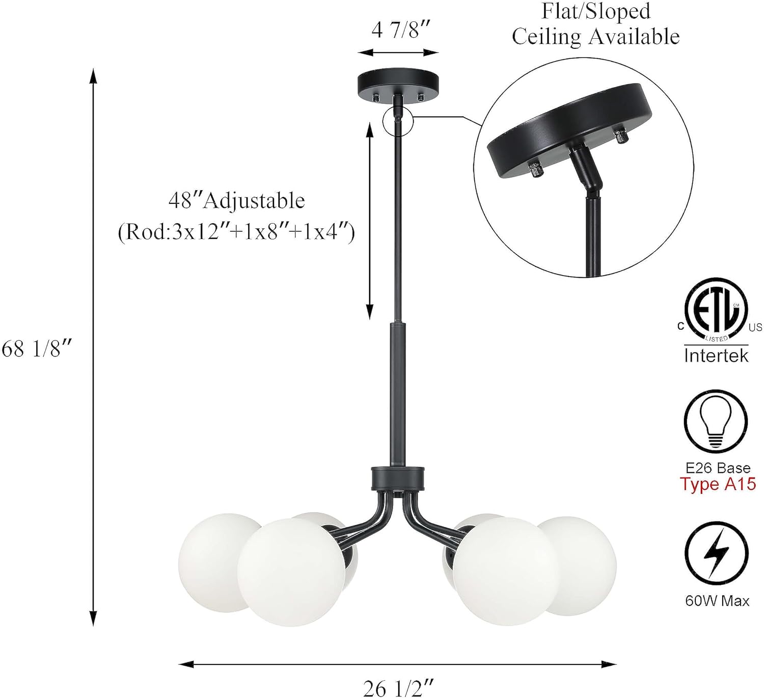 XiNBEi Lighting Candelabro Sputnik de globo de cristal moderno negro colgante lámpara de techo 6 lámparas para comedor, sala de estar, cocina