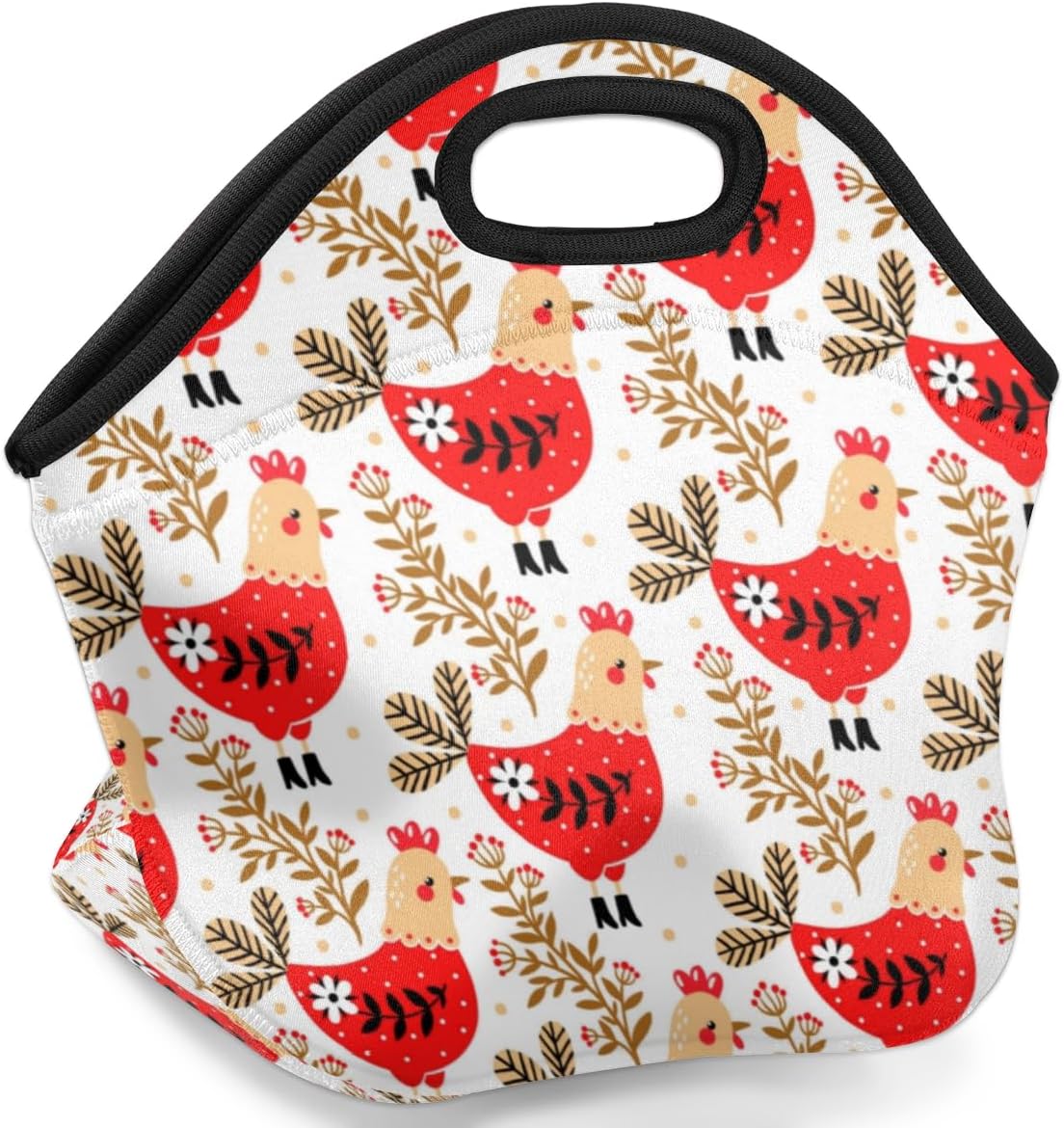Bolsa de almuerzo de neopreno con diseño de flores de pollo, suave, lavable, reutilizable, aislada, ligera, para preparación de comidas, para