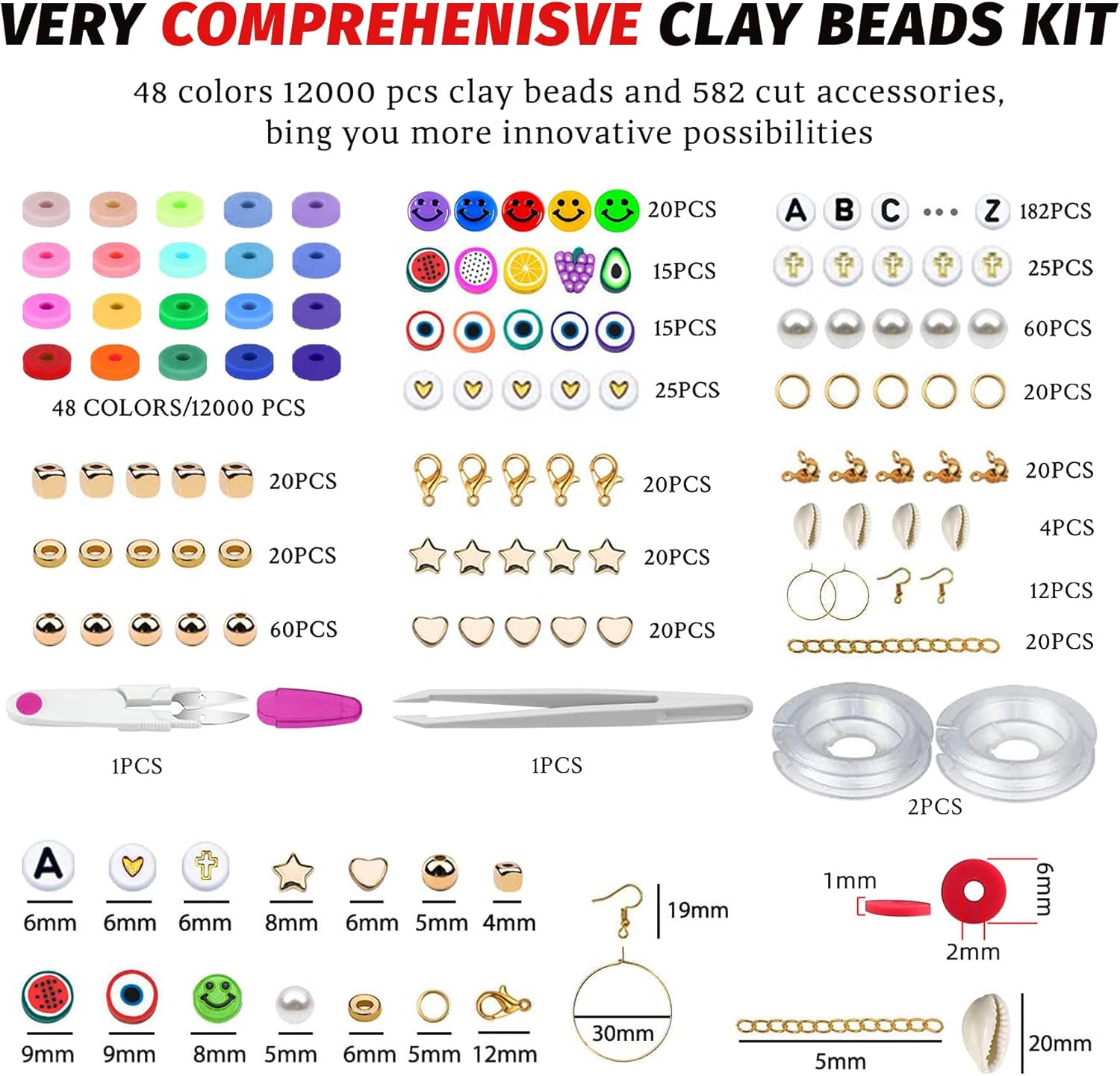 Kit de fabricación de pulseras de 12000 cuentas de arcilla, 48 colores, 3 cajas de cuentas de letras de arcilla polimérica para hacer pulseras,