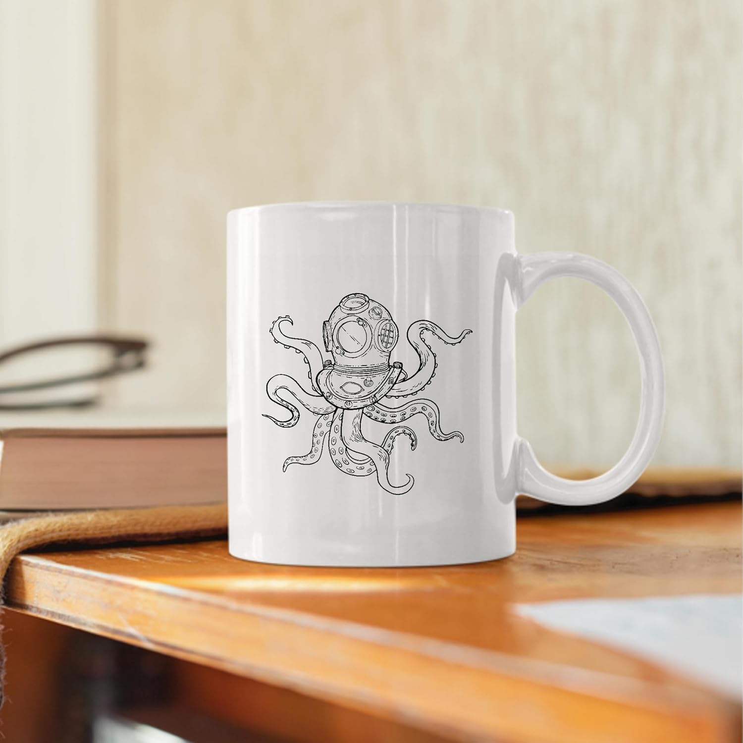 Scuba Diver Octopus Body Gift Creative Stroke Style Design for Nature Lovers Ocean Fans 11oz 15oz White Coffee Mug