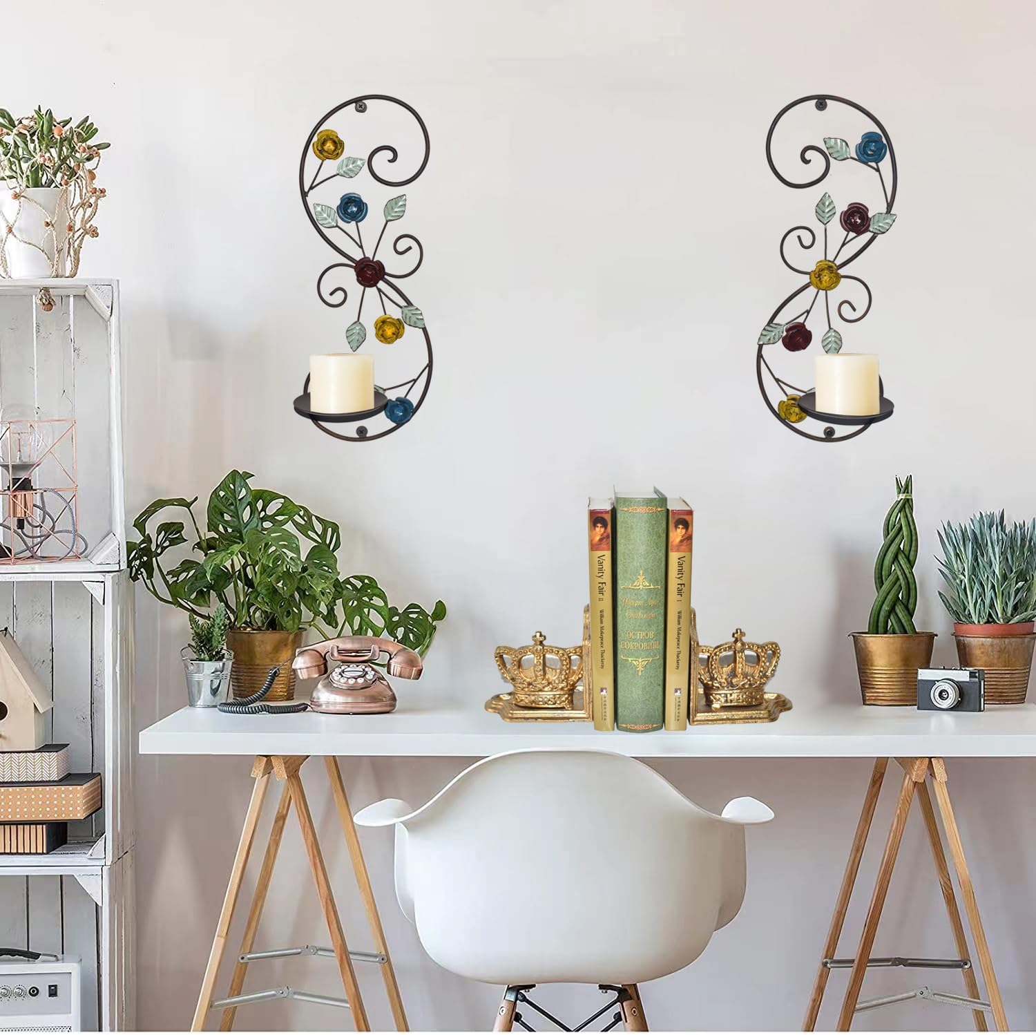 Juego de 2 candelabros de pared, diseño de ramas de hojas multicolor antiguas, soporte de pared de metal para colgar velas para sala de estar,