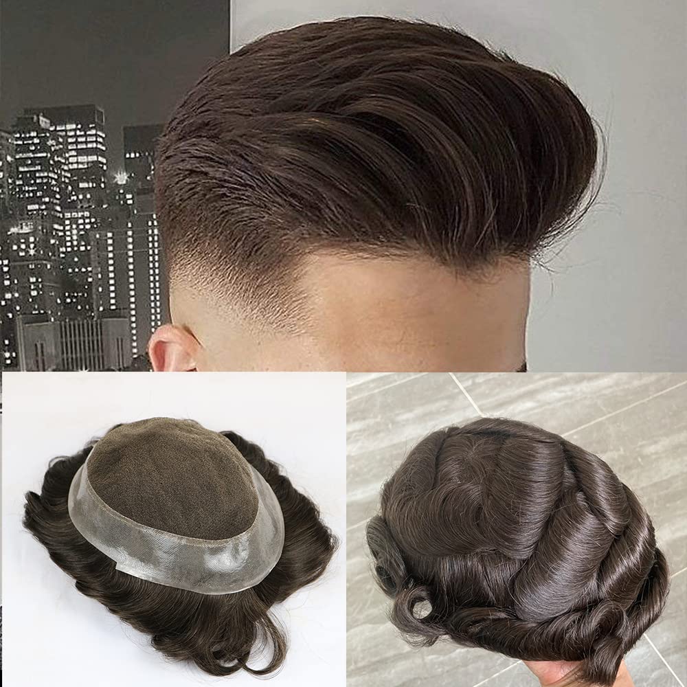 SIMBEAUTY Encaje francés con base australiana con poliuretano alrededor de los hombres, peluca de cabello humano cómoda onda, sistema de reemplazo