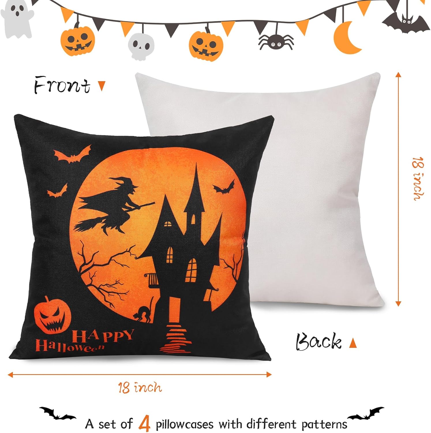Global Park Fundas de almohada de Halloween, 18 x 18 pulgadas, juego de 4 fundas de almohada decorativas de Halloween, decoraciones de Halloween