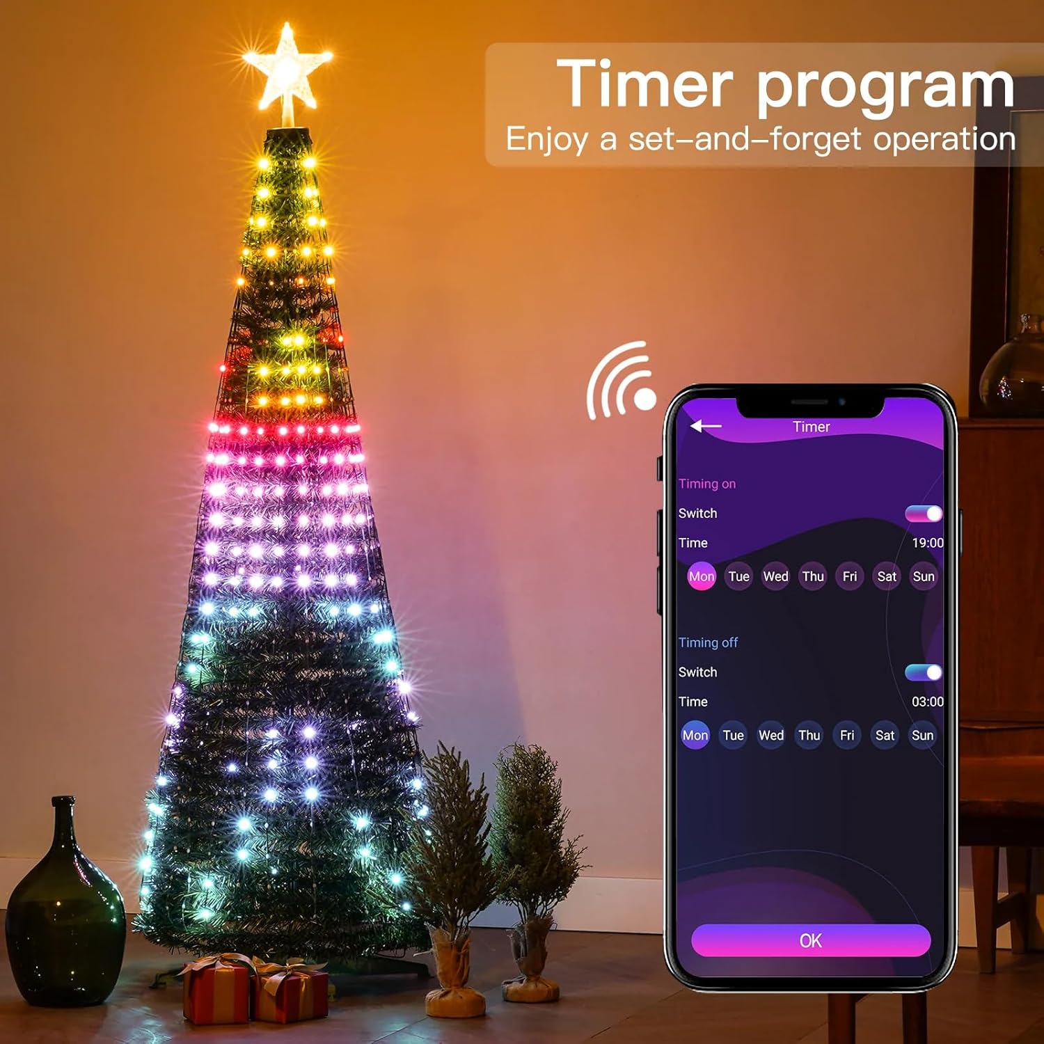 Super RGB Luces multicolor para árbol de Navidad, árbol de Navidad preiluminado de 5 pies con aplicación y control remoto, 400 LED, sincronización