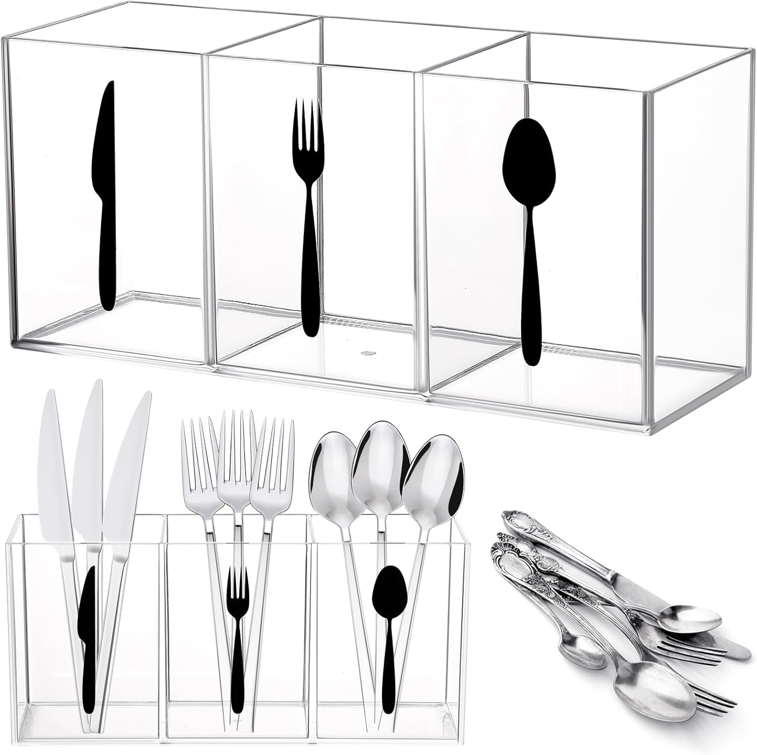 Organizador de almacenamiento de cubiertos de acrílico transparente, organizador de cubiertos para encimera, soporte para cucharas y tenedores, caja