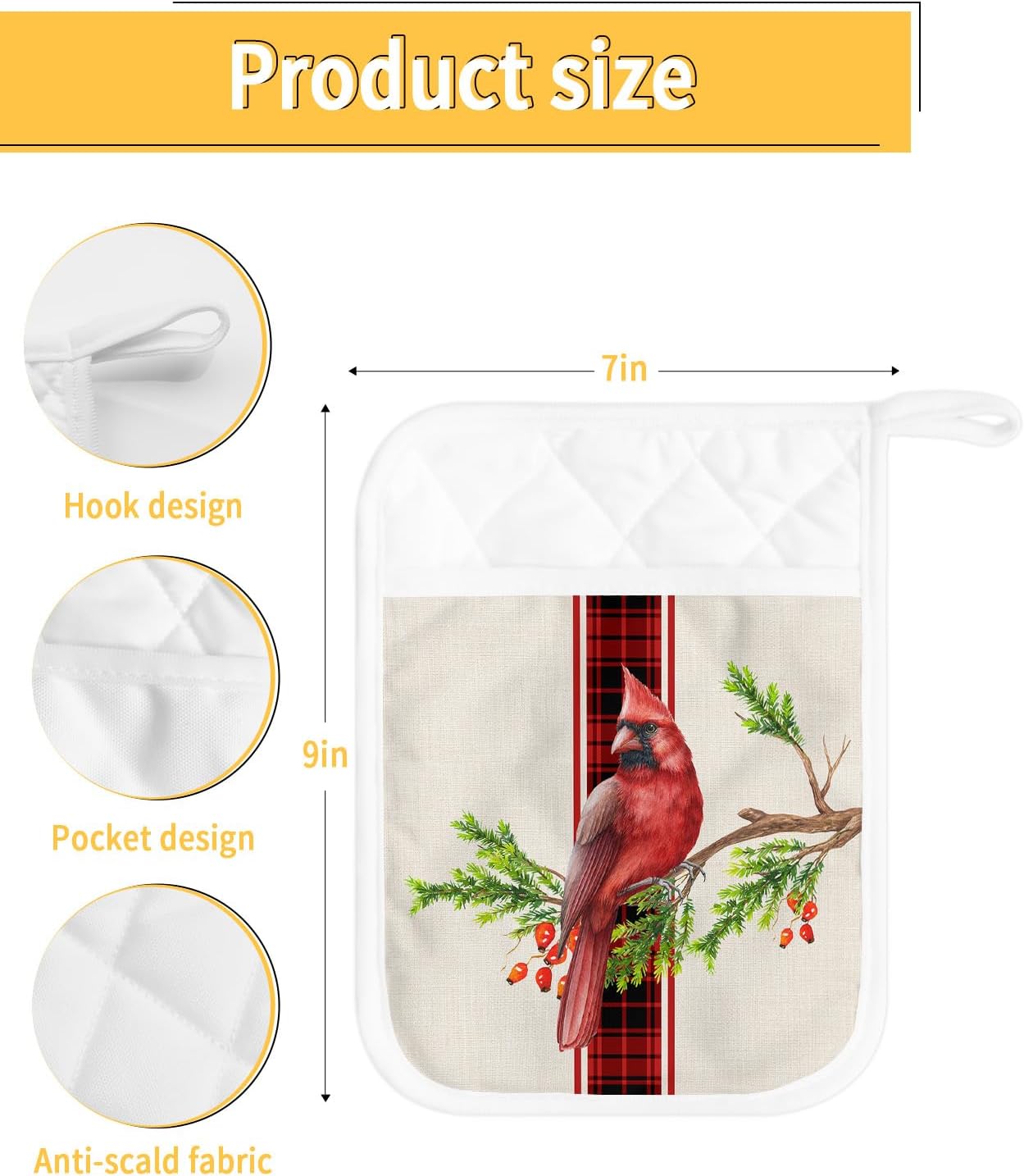 Christmas Red Bird 2Pcs Pot Holders for Kitchen, Non Slip & Heat Insulation Terry Cloth Potholder Set with Pocket, Thick Hot Pad Oven Mitts Trivet