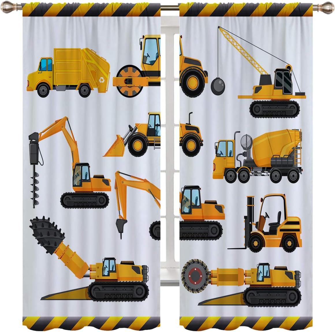 Cortinas opacas de construcción para niños y niñas, decoración de oscurecimiento de habitación, bulldozer de dibujos animados amarillos, tractor,