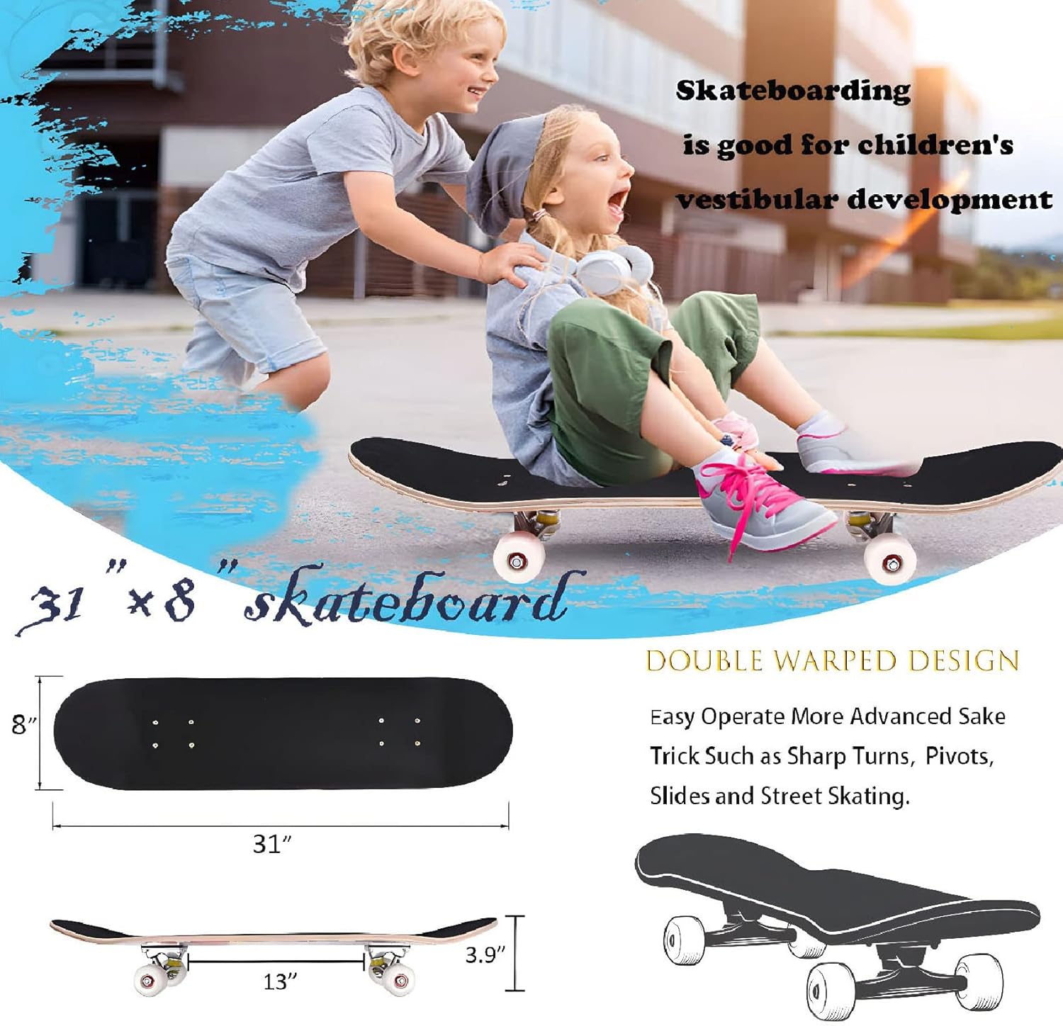 Anyfun Patinetas Pro completas para principiantes, niñas, niños, jóvenes, adolescentes, adultos, 31 x 8 pulgadas, patinetas de 7 capas de arce
