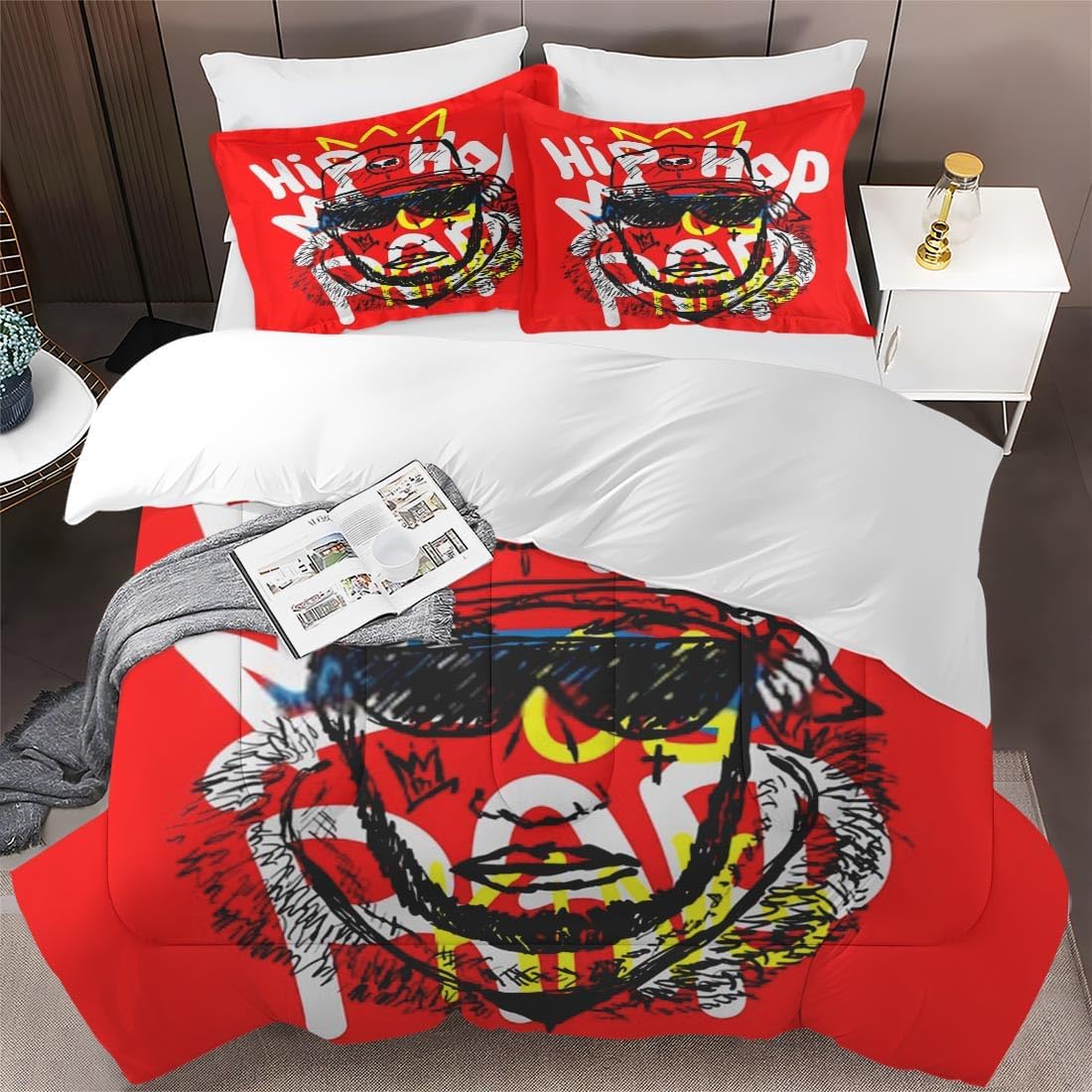 Juego de edredón tamaño Queen, juego de ropa de cama suave de béisbol con música King para niños y adultos, juego de edredón de rap con corona de