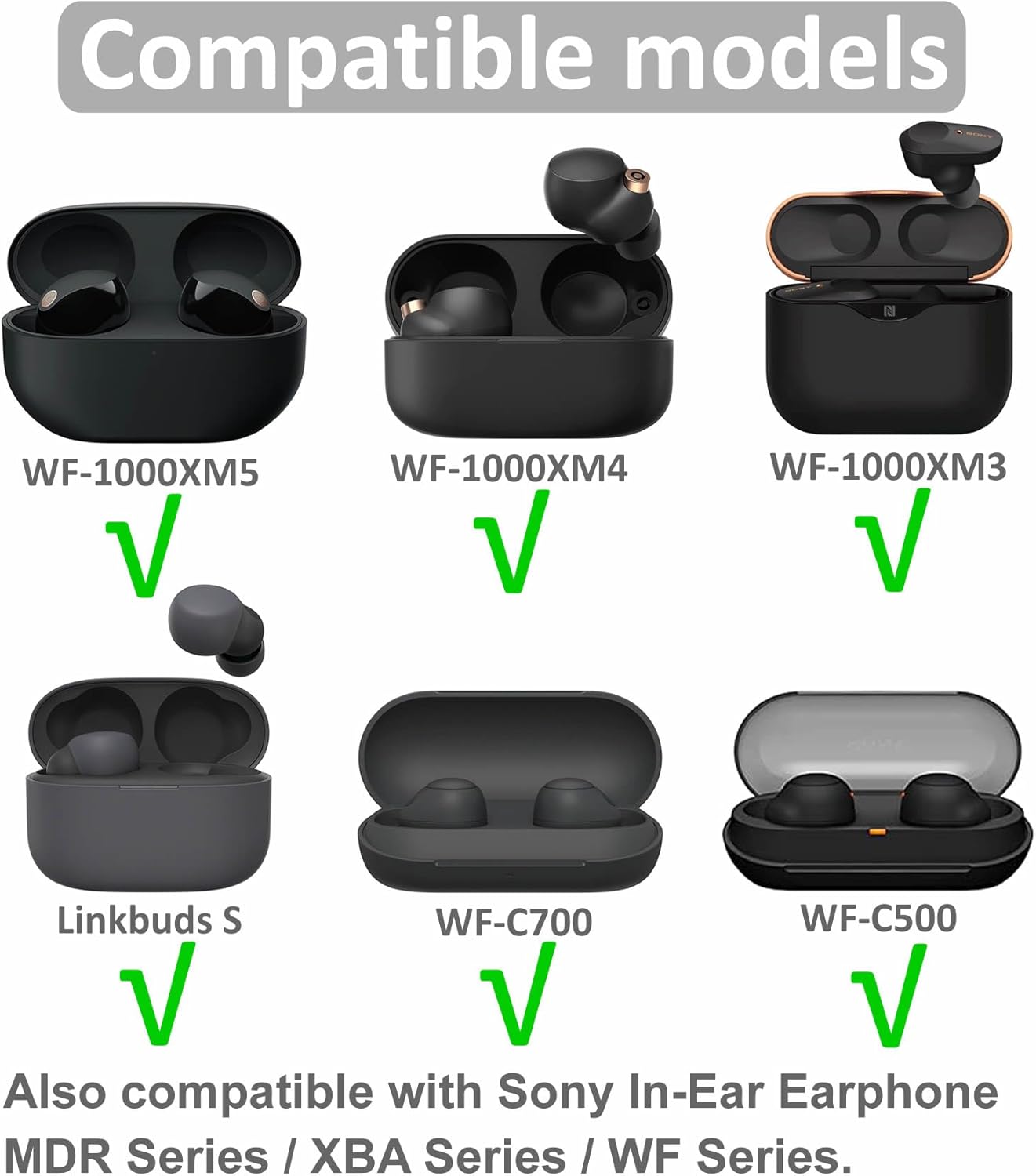 6 pares de almohadillas WF-1000XM5, goma de silicona de repuesto de tamaño pequeño, compatible con Sony WF-1000XM4 WF-C700N WF-C500 – S, color negro