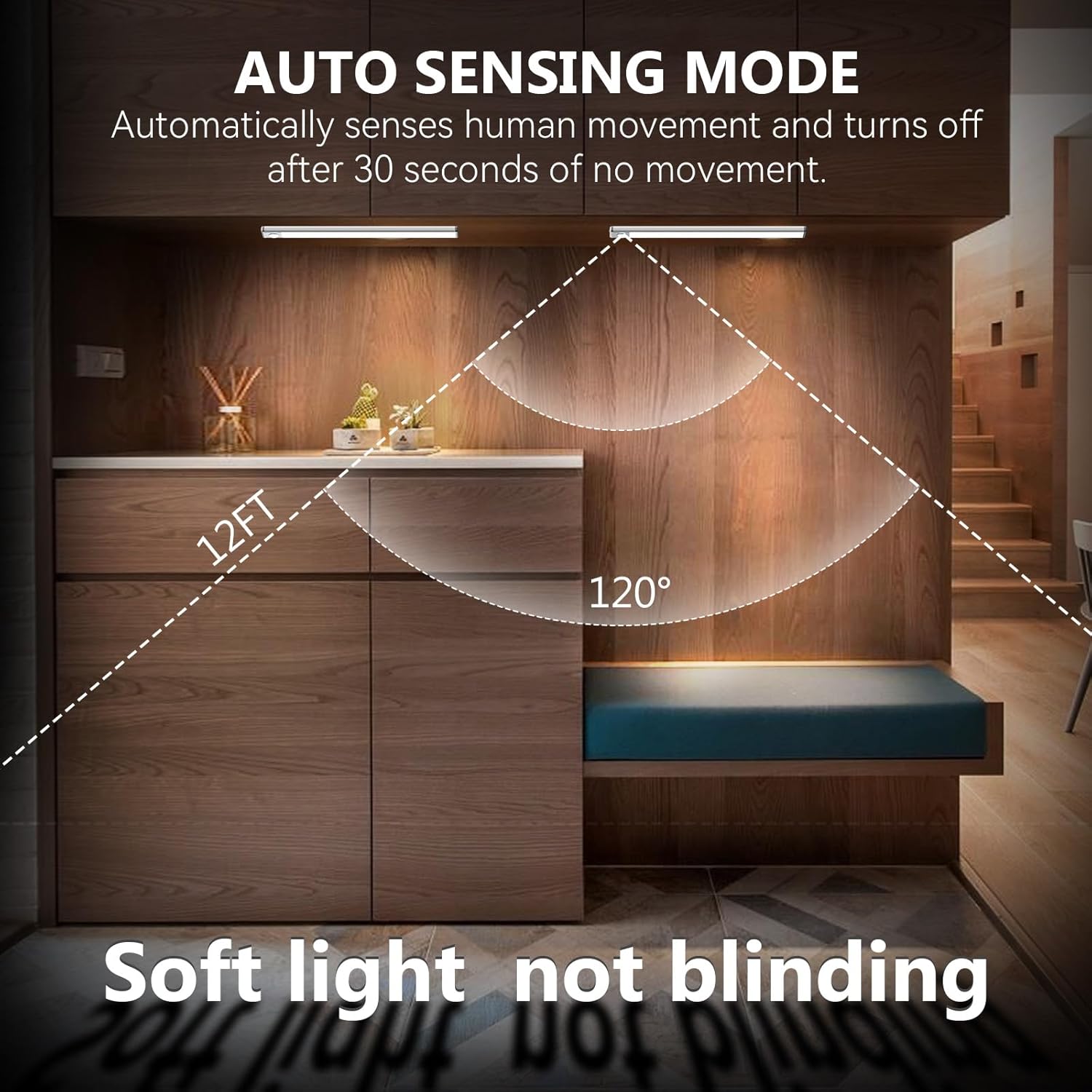Luz LED para debajo del gabinete, sensor de movimiento brillante para interiores, luz magnética adhesiva, luces debajo de la encimera, carga USB
