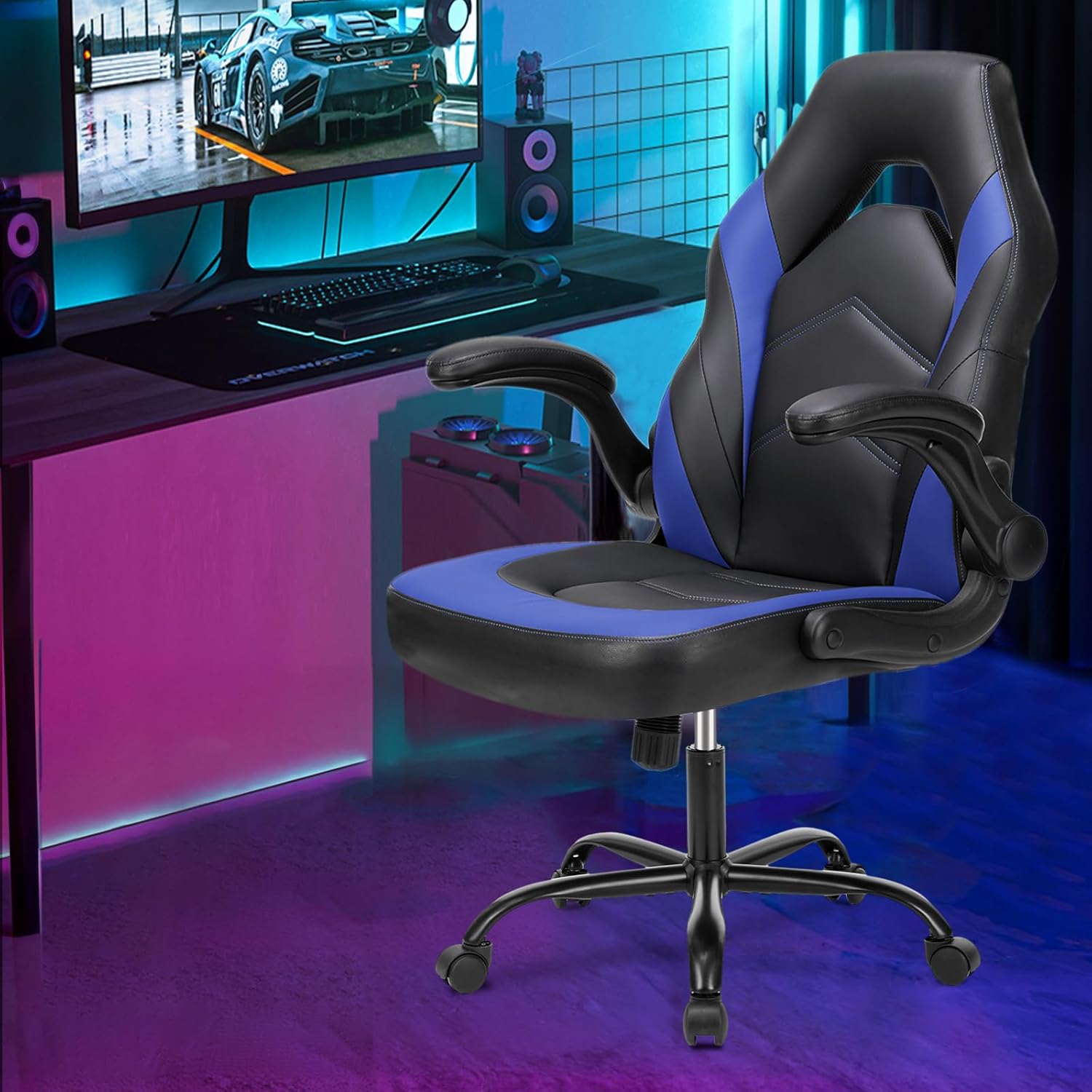 Sweetcrispy Silla de escritorio para juegos de computadora, ergonómica y ajustable, giratoria, de piel sintética, con reposabrazos abatibles para