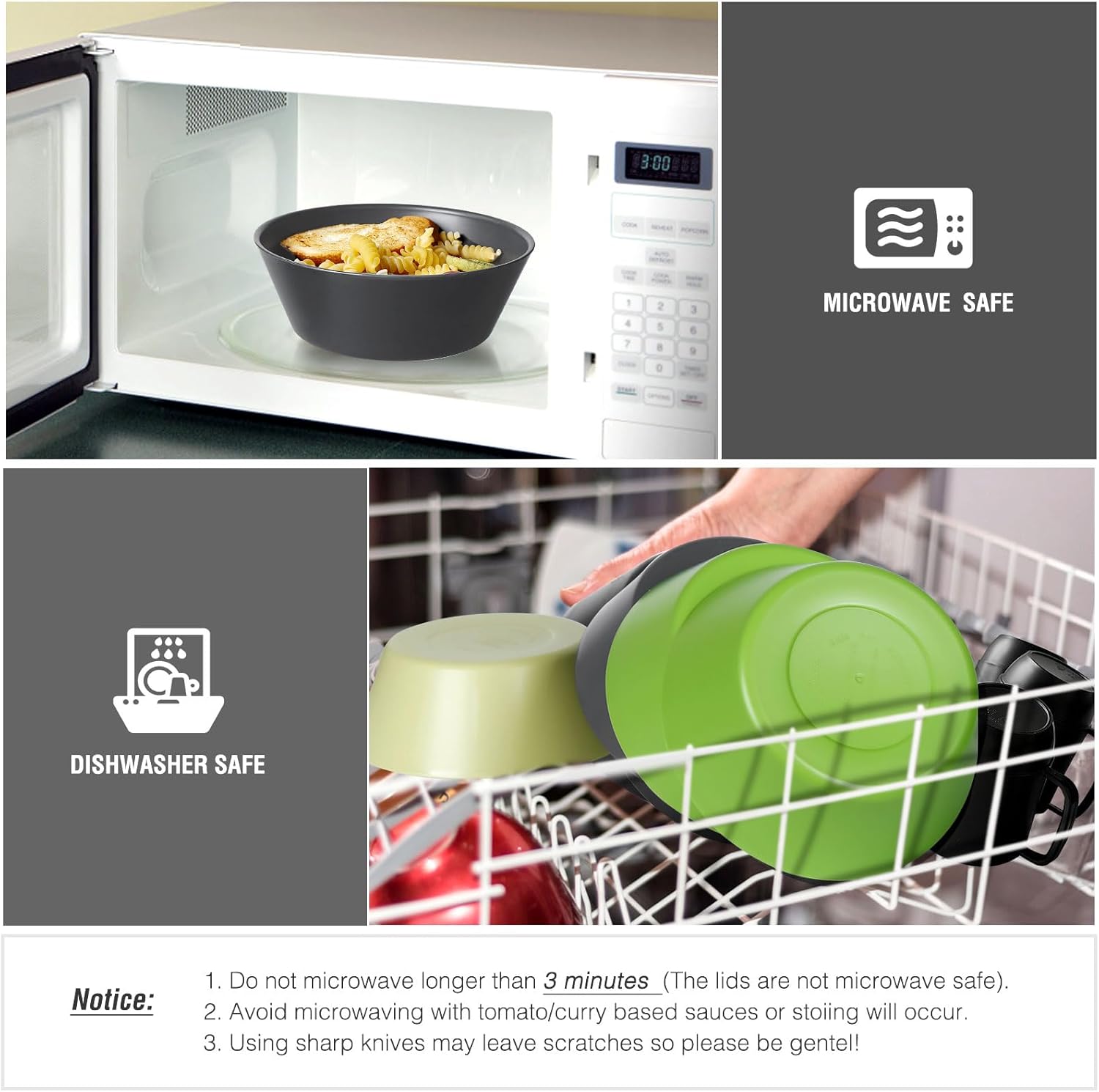 shopwithgreen Tazones de plástico para cereales con tapa a prueba de polvo, cuencos reutilizables para cocina, juego de 6, aptos para microondas y