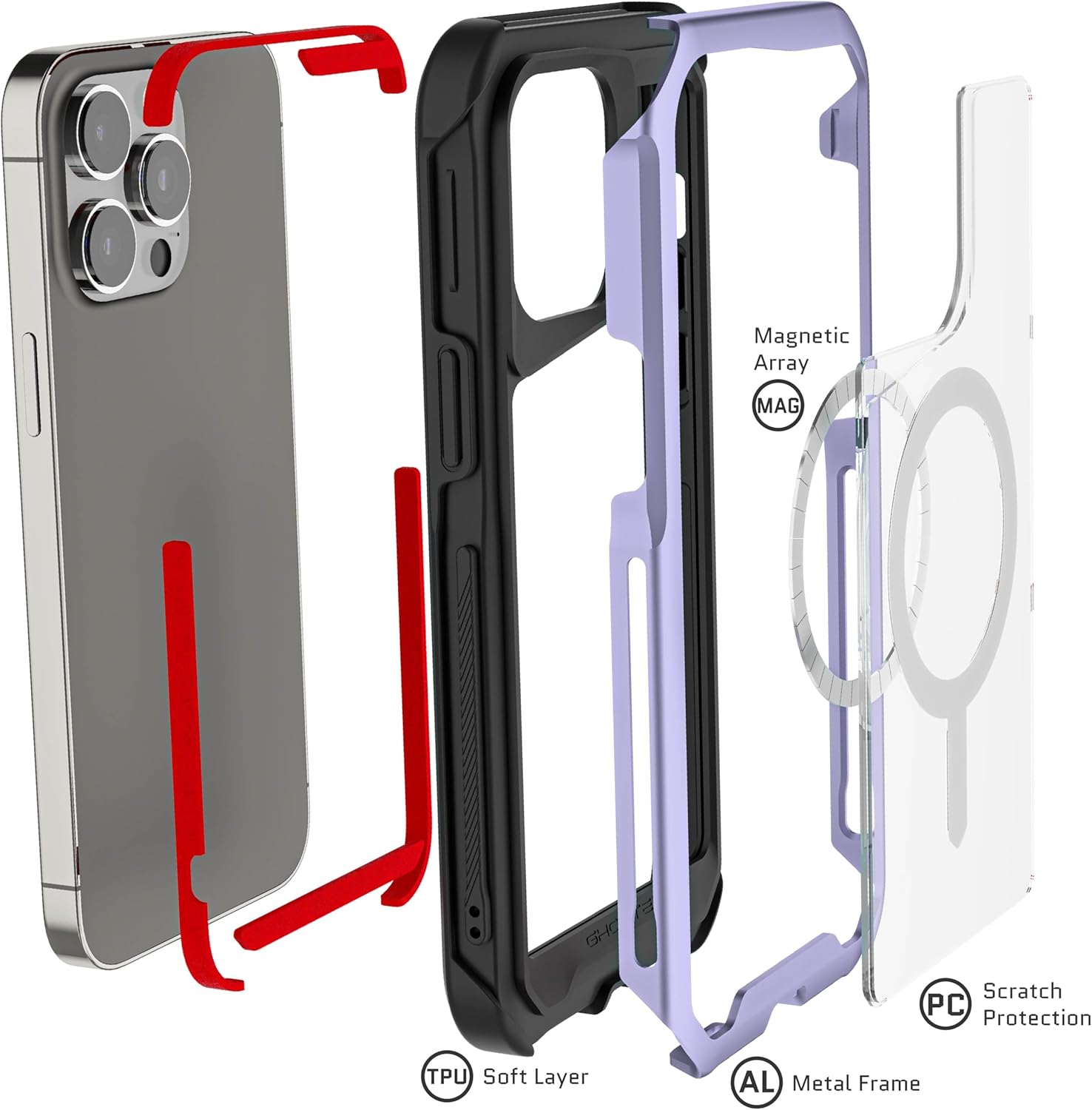 Ghostek Atomic Slim – Funda protectora para iPhone 15 Pro Max, compatible con accesorios MagSafe, marco de metal de aluminio, funda de teléfono