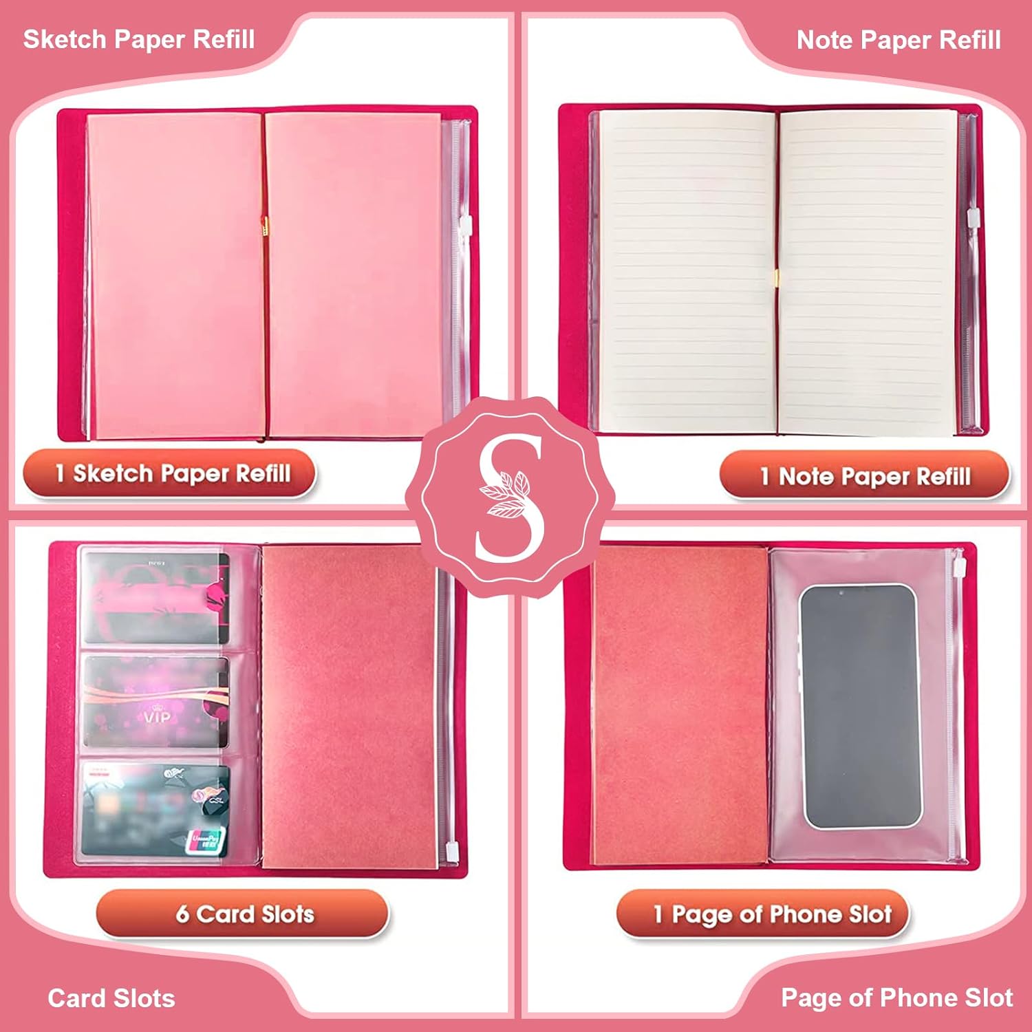 JEWPHX Diario personalizado para regalo, diario de cuero con inicial rosa + juego de bolígrafo de corazón de diamante, cuaderno de viaje, bloc de