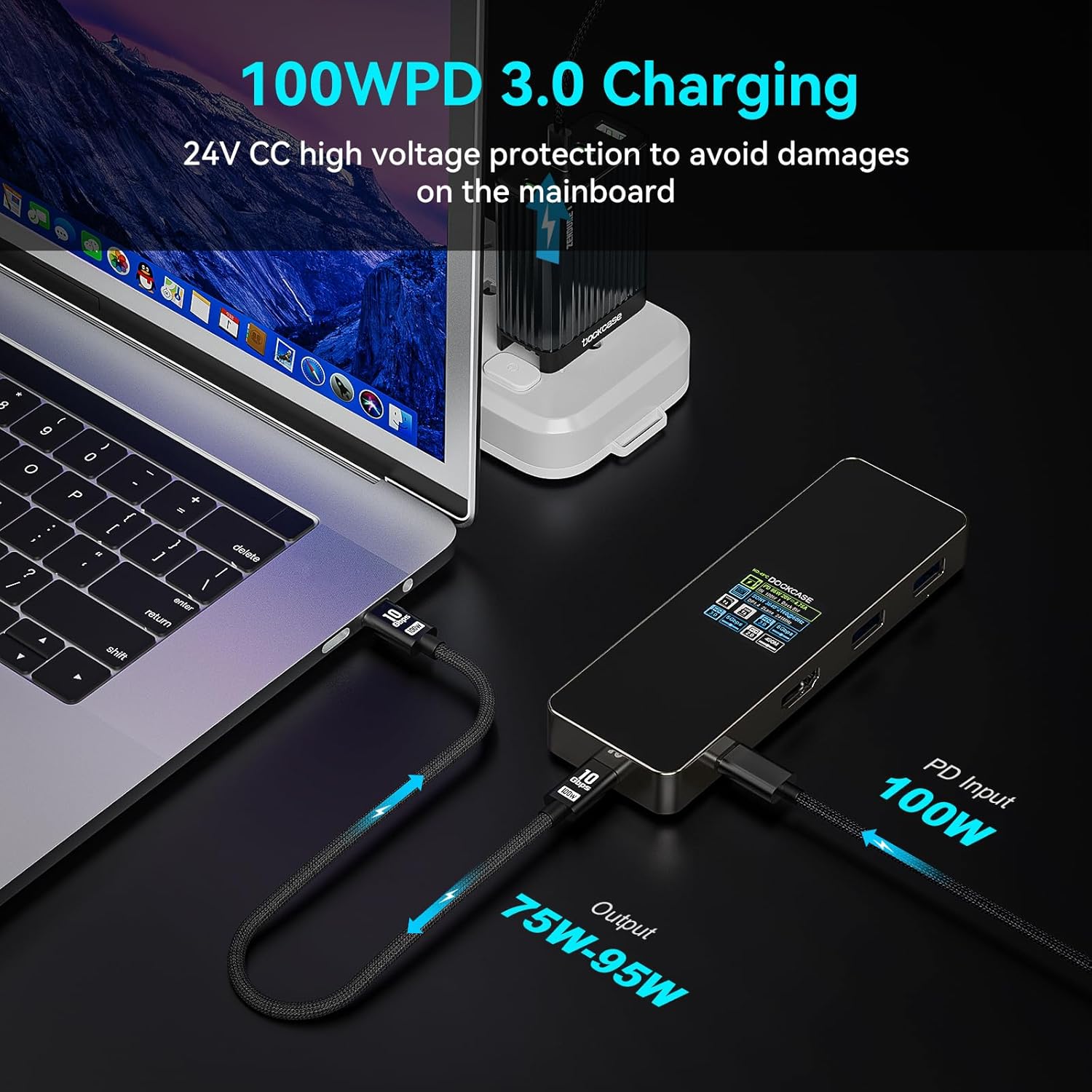 DockCase Hub USB C inteligente visual (7 en 1) con puerto HDMI 4K a 60Hz, entrega de energía PD de 100 W, 3 puertos de datos USB-A de 5 Gbps, lector