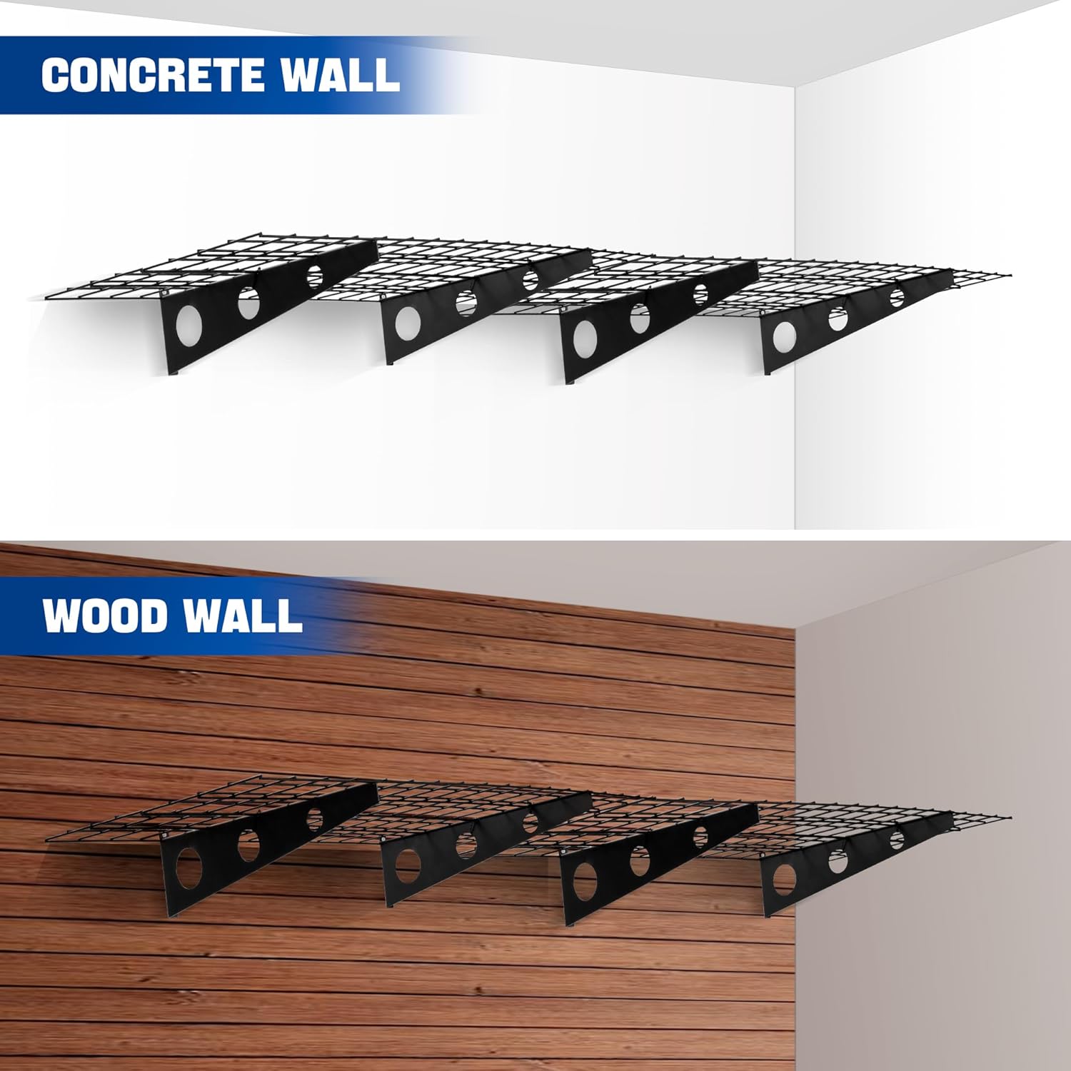 Paquete de 2 estantes de pared de garaje de 2 x 6 pies, estante de pared resistente de 72 x 24 pulgadas, estante de almacenamiento de garaje montado
