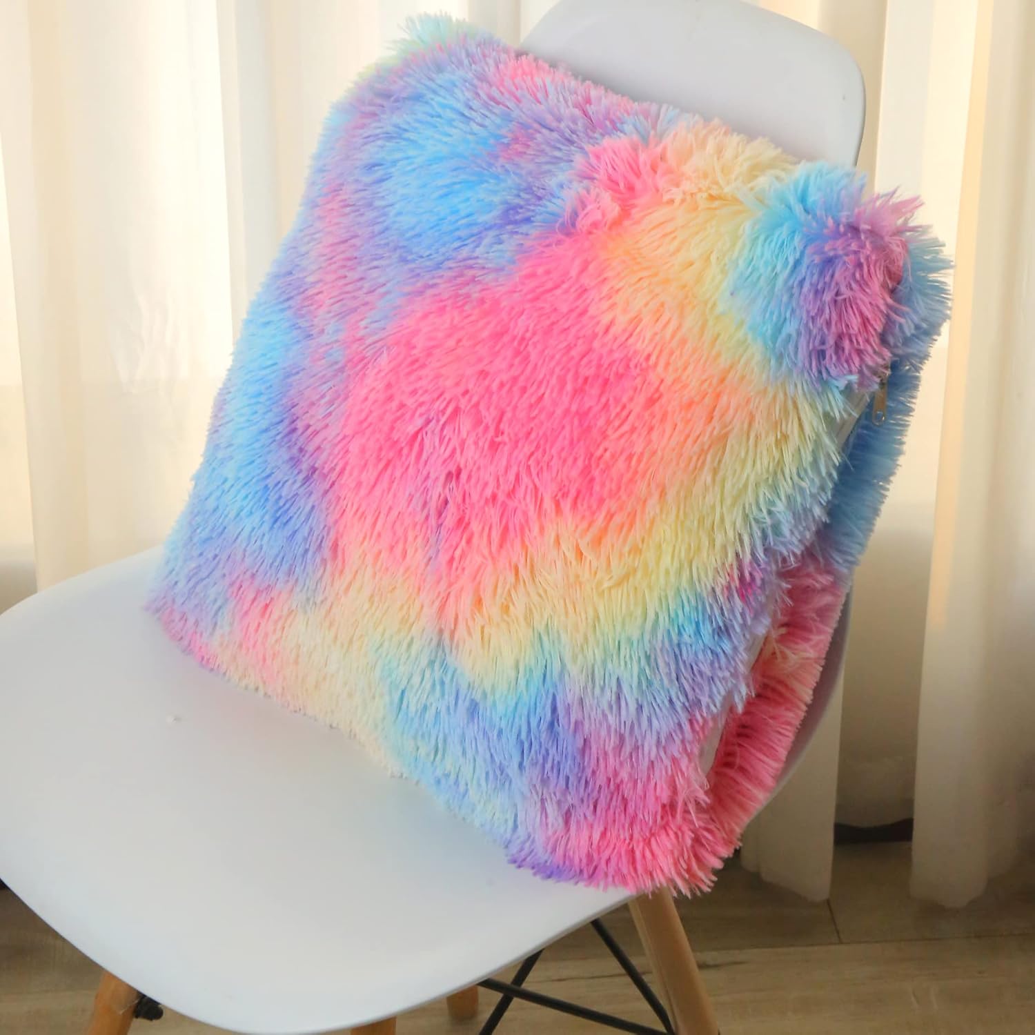 Almohadas esponjosas para decoración de habitación de niña para cama, funda de almohada suave de piel sintética para sofá rosa arcoíris, juego de 2