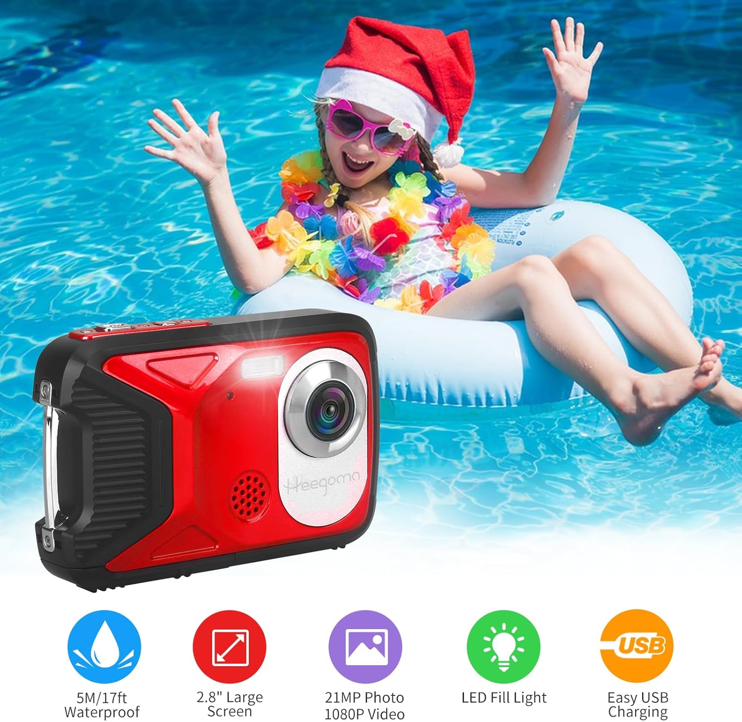 Cámara digital impermeable, cámara subacuática de 17 pies, LCD de 2.8 pulgadas, HD1080P 30MP videocámara para niños con tarjeta de 32G y batería