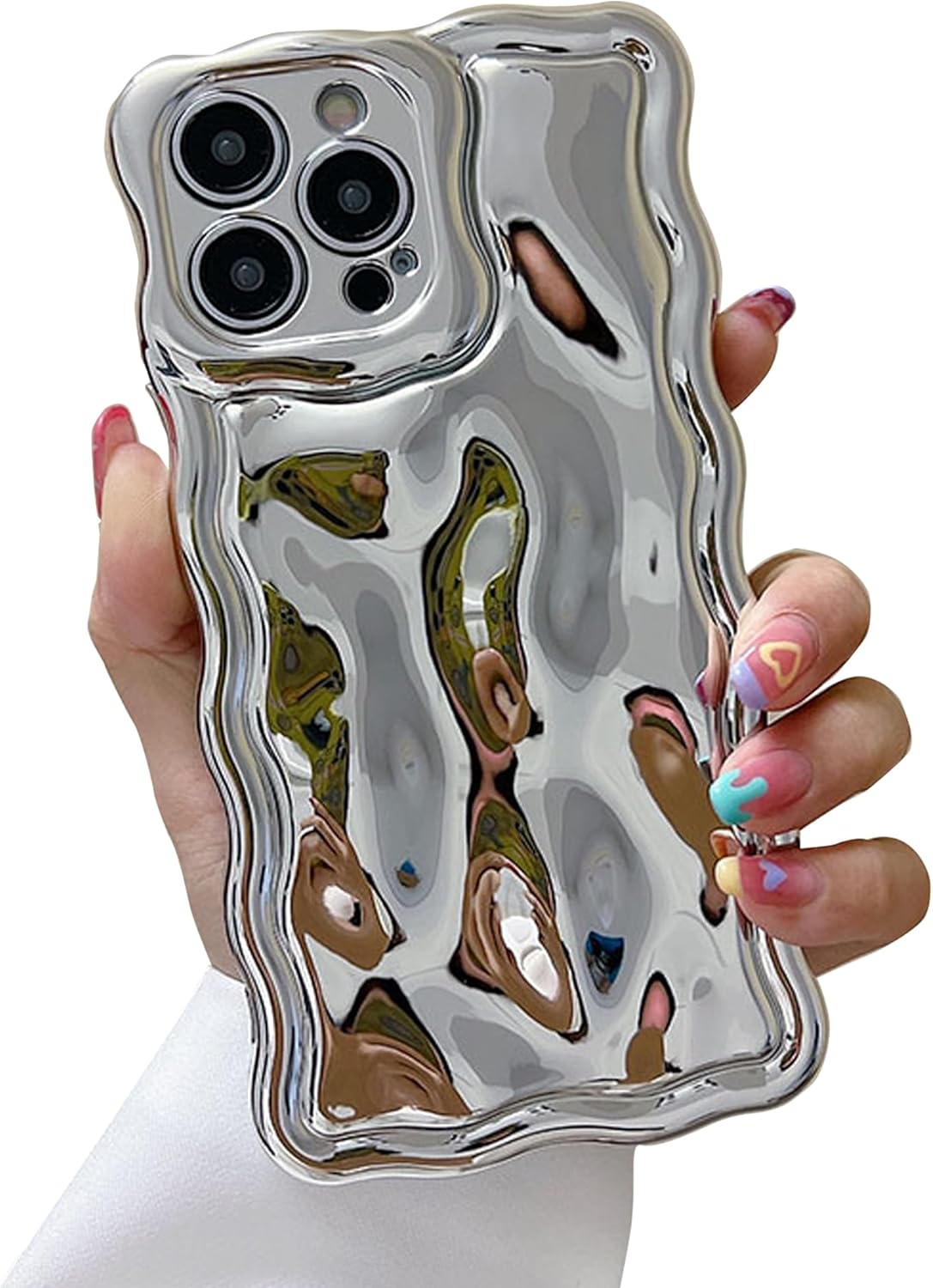 Funda compatible con iPhone 11, con marco ondulado de agua con burbujas, para mujeres y niñas, con purpurina plateada, no amarillenta, de silicona