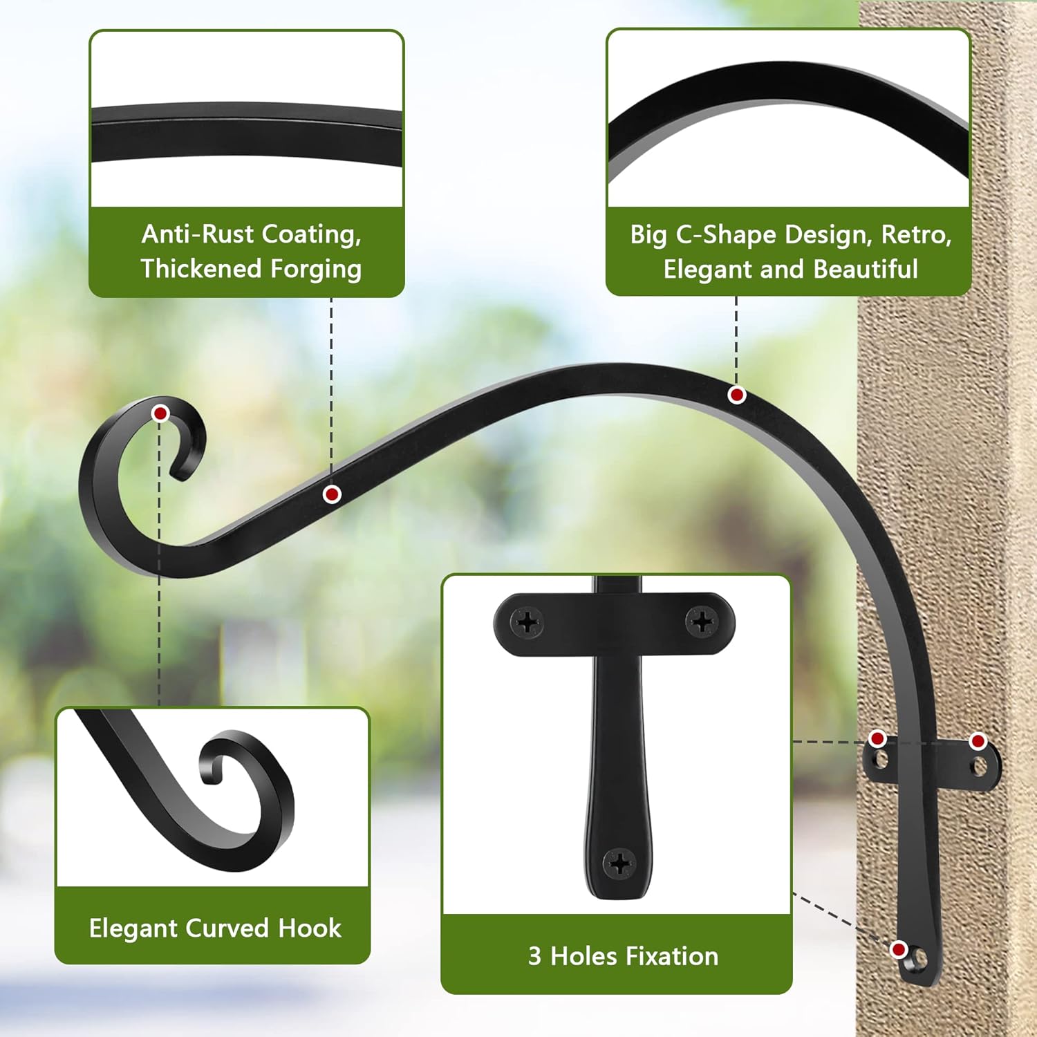 HOOPLE Perchas para plantas al aire libre, paquete de 2 unidades, soporte para plantas colgantes de hierro fundido de 12 pulgadas, soportes de metal