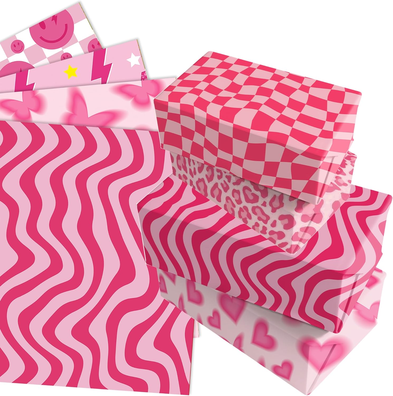 Bolsome 12 hojas de papel de regalo temático preppy, papel de regalo con diseño de leopardo y mariposa sonriente rosa para principios de la década
