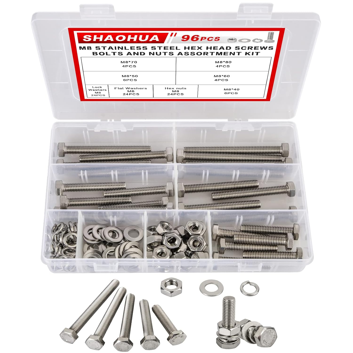 SHAOHUA Kit surtido de 96 tuercas y pernos  M8 x 405060703.150 in  Pernos hexagonales de acero inoxidable 304 resistentes, tuercas planas y