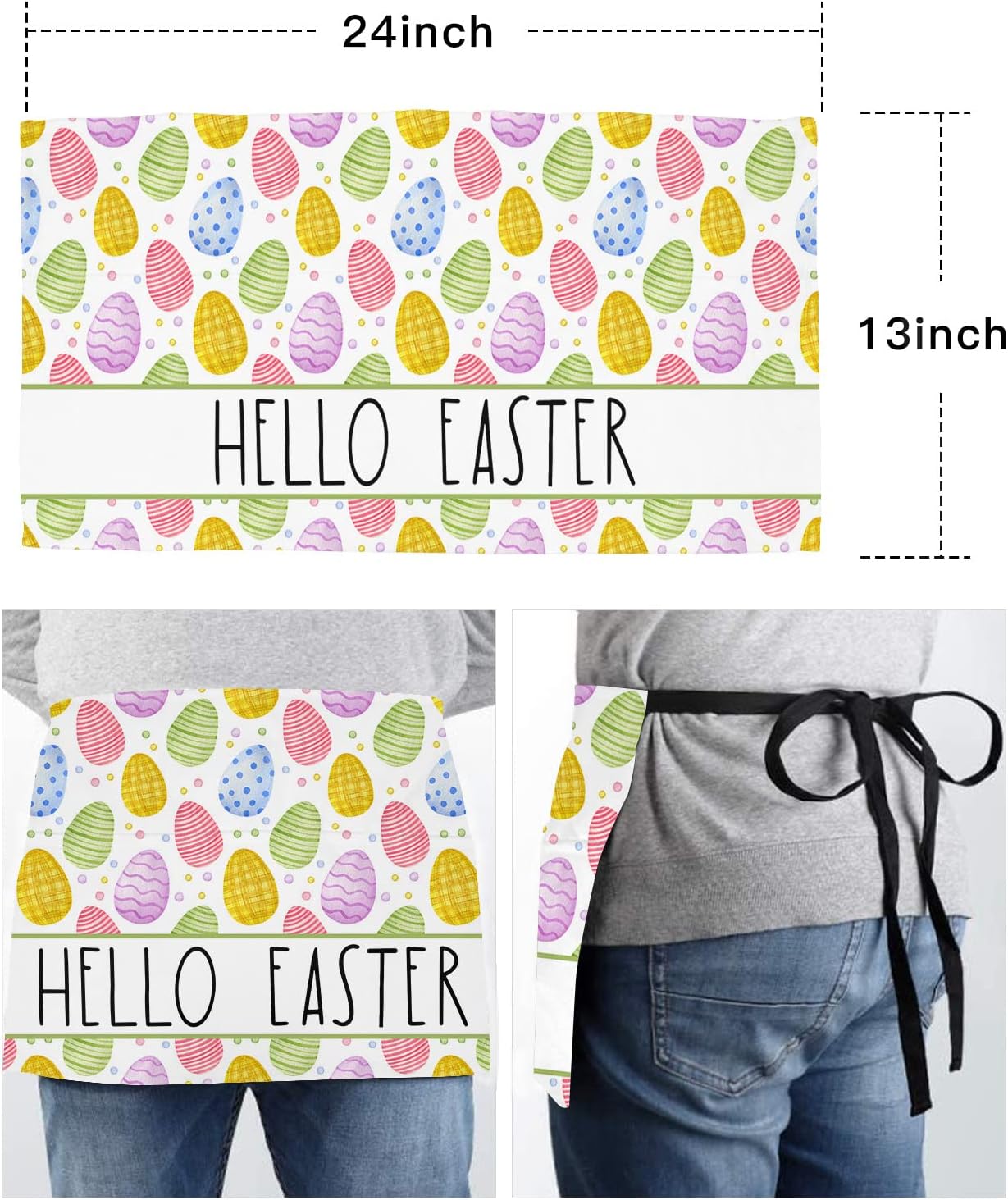 Delantal de camarera con bolsillos, diseño de huevos de Pascua con bolsillos, cintura de vacaciones de primavera, medio impermeable, cocina,