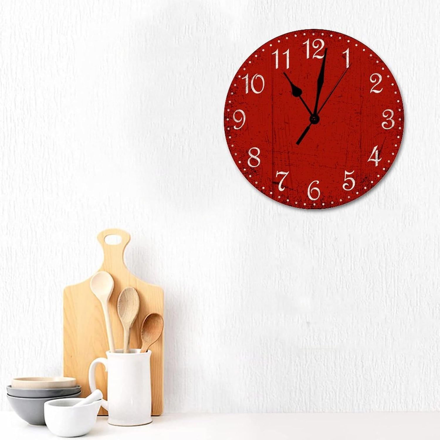 Reloj de pared rojo rústico de madera roja para sala de estar, funciona con pilas, reloj de pared silencioso de 15 pulgadas, reloj redondo retro
