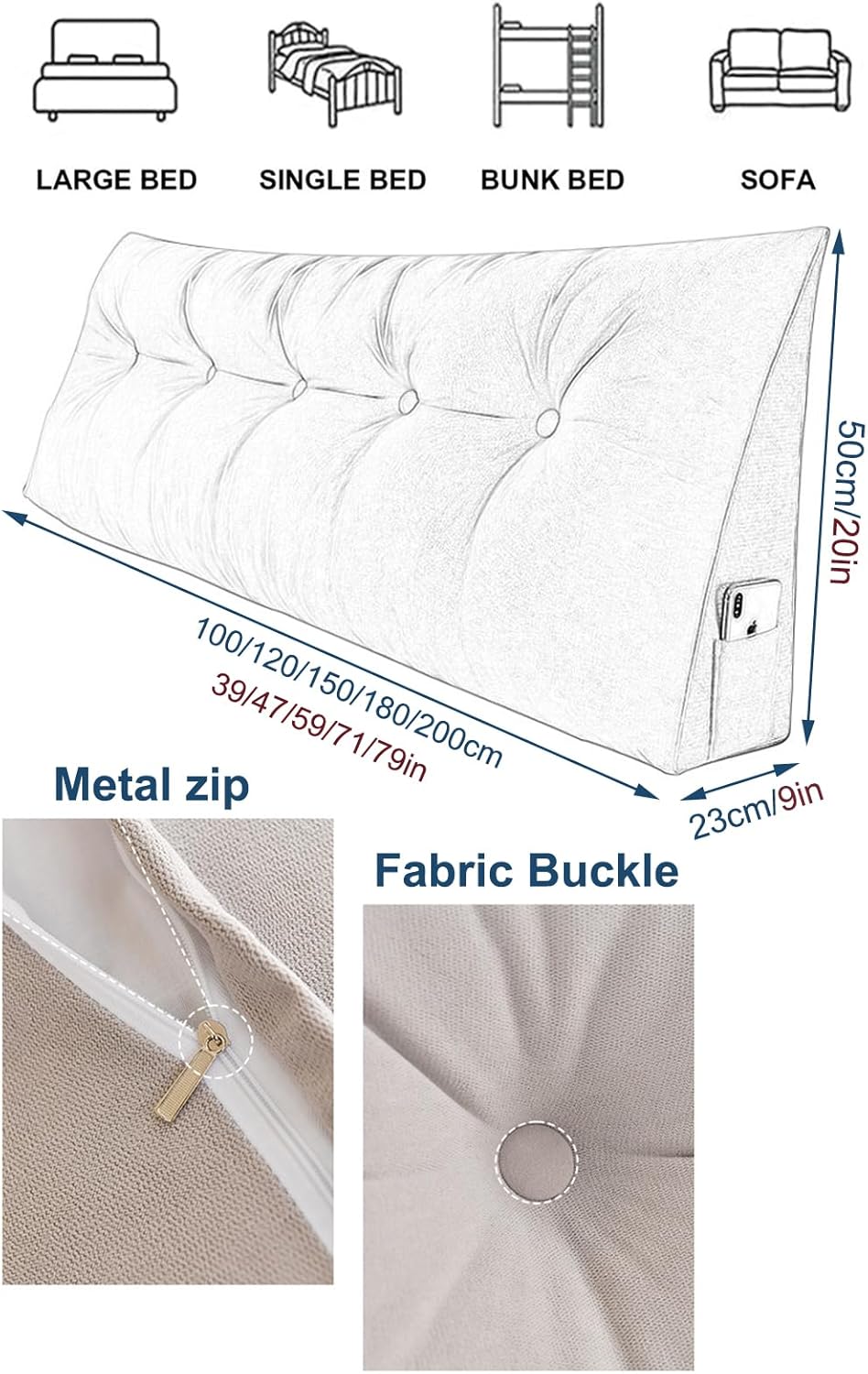 NENAGGE Almohada triangular para cabecero, almohada de cuña para cama de día, almohada grande de respaldo de lectura con correas fijables, cojín de