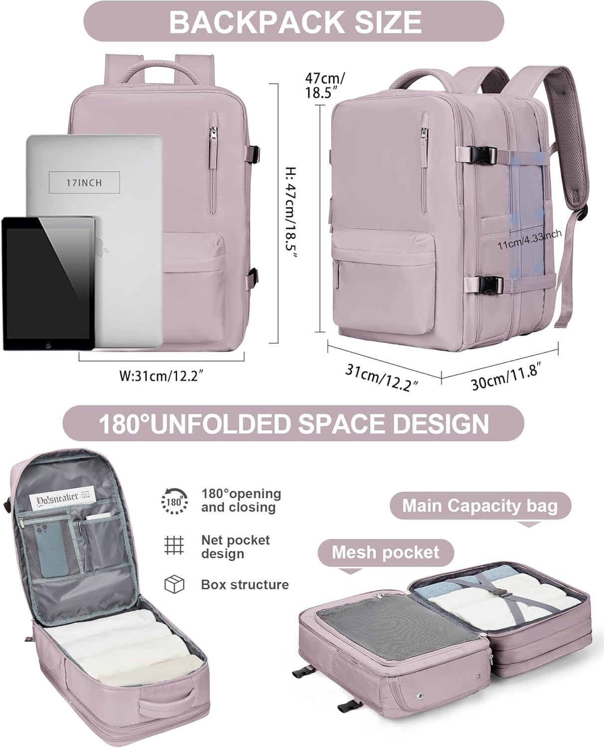 VECAVE Mochila de viaje para laptop, mochila aprobada para vuelos,Mochila deportiva para universidad casual, J-rosa-2