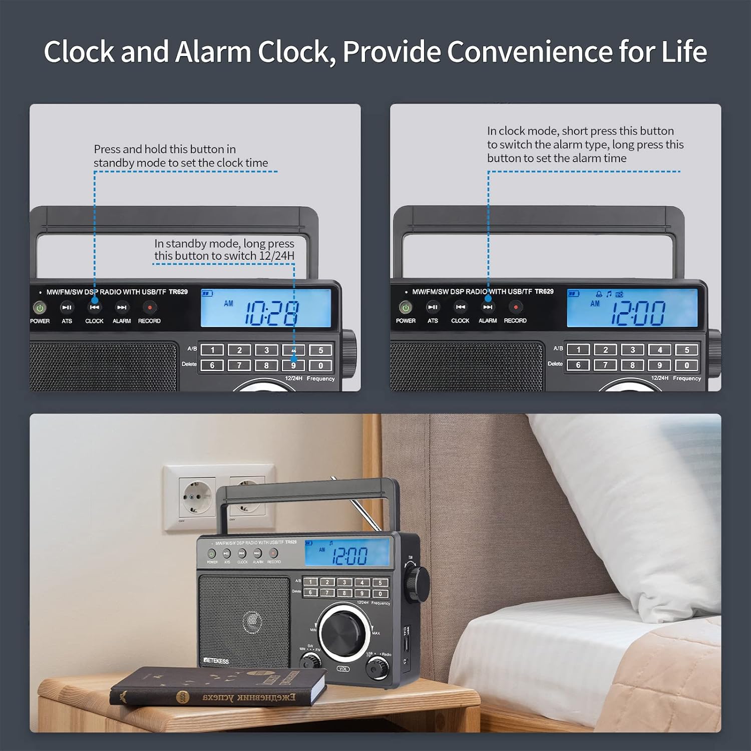 Retekess TR629 Radios portátiles de onda corta radio digital AM FM enchufe con DSP pantalla LCD de retroiluminación ajuste digital y preestablecido - Imagen 5