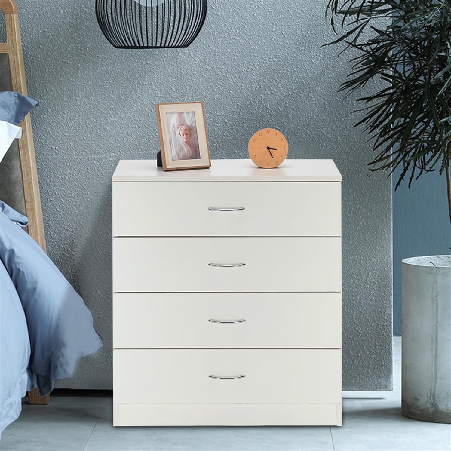 Imseigo Mesita de noche blanca con 4 cajones, mesita de noche blanca para dormitorio con mango de metal, mesa auxiliar de sofá con 4 cajones para