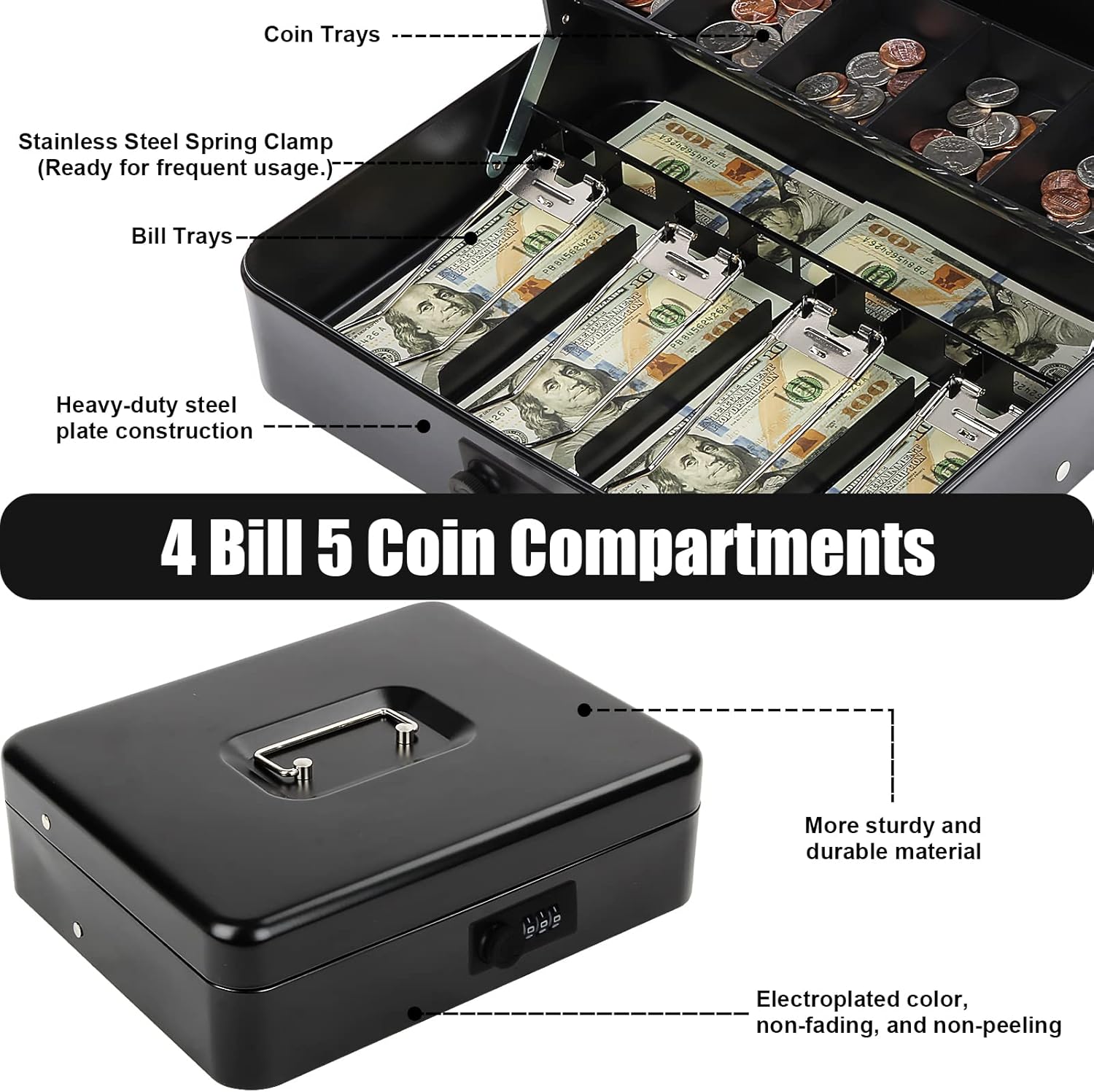Caja de dinero grande con cerradura de combinación y bandeja de dinero, caja de dinero con bandeja para efectivo, caja fuerte con cerradura para