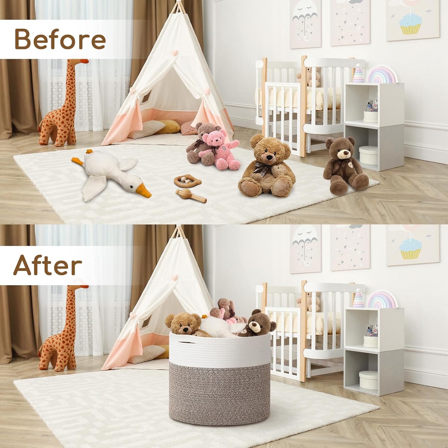 Cesta de cuerda de algodón extragrande de 24 x 24 x 17.3 pulgadas para sala de estar, canasta tejida para ropa sucia para bebé con asas, contenedor